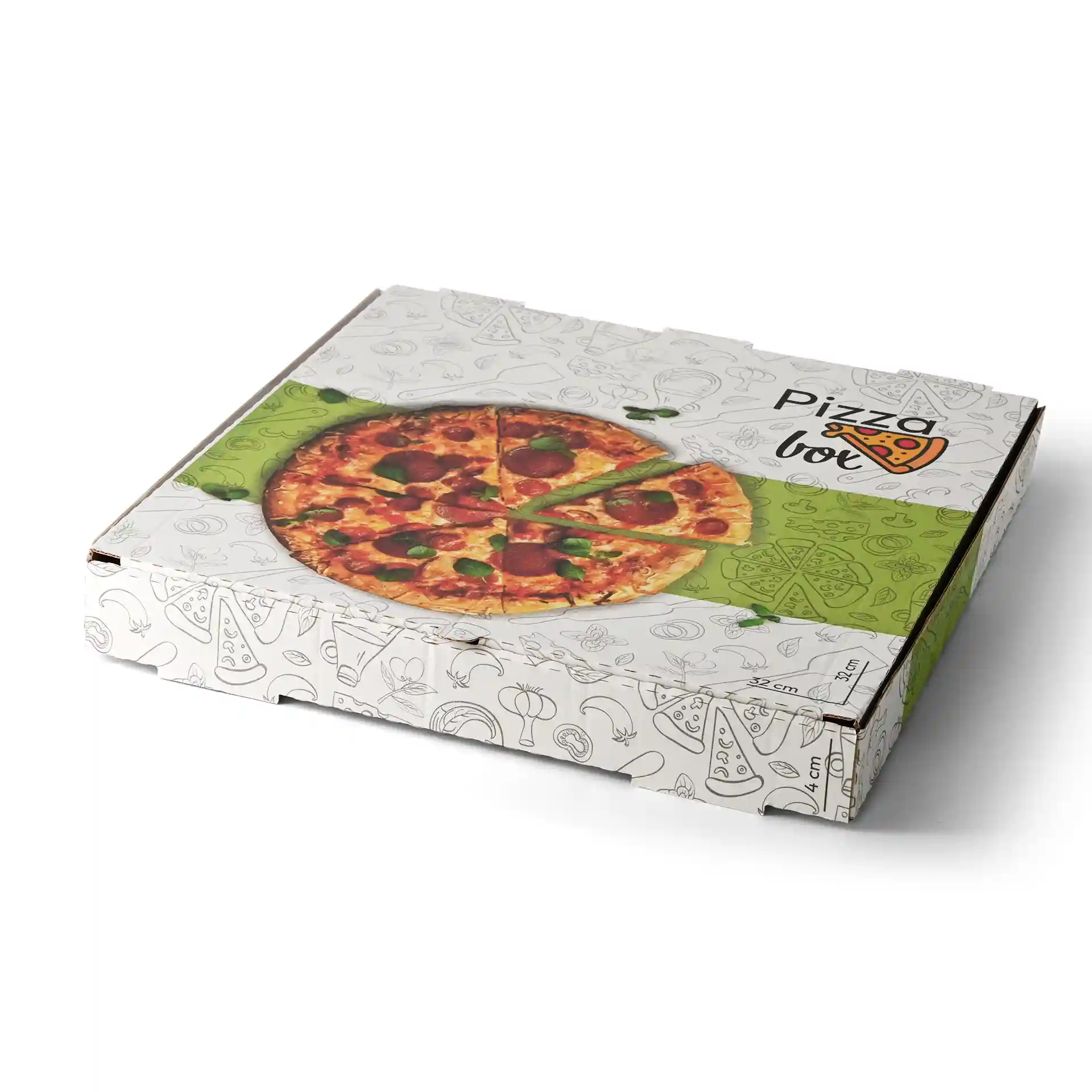 Boîte à pizza avec une illustration de pizza sur le dessus, dimensions 32 x 32 x 4 cm, design blanc avec illustrations alimentaires.