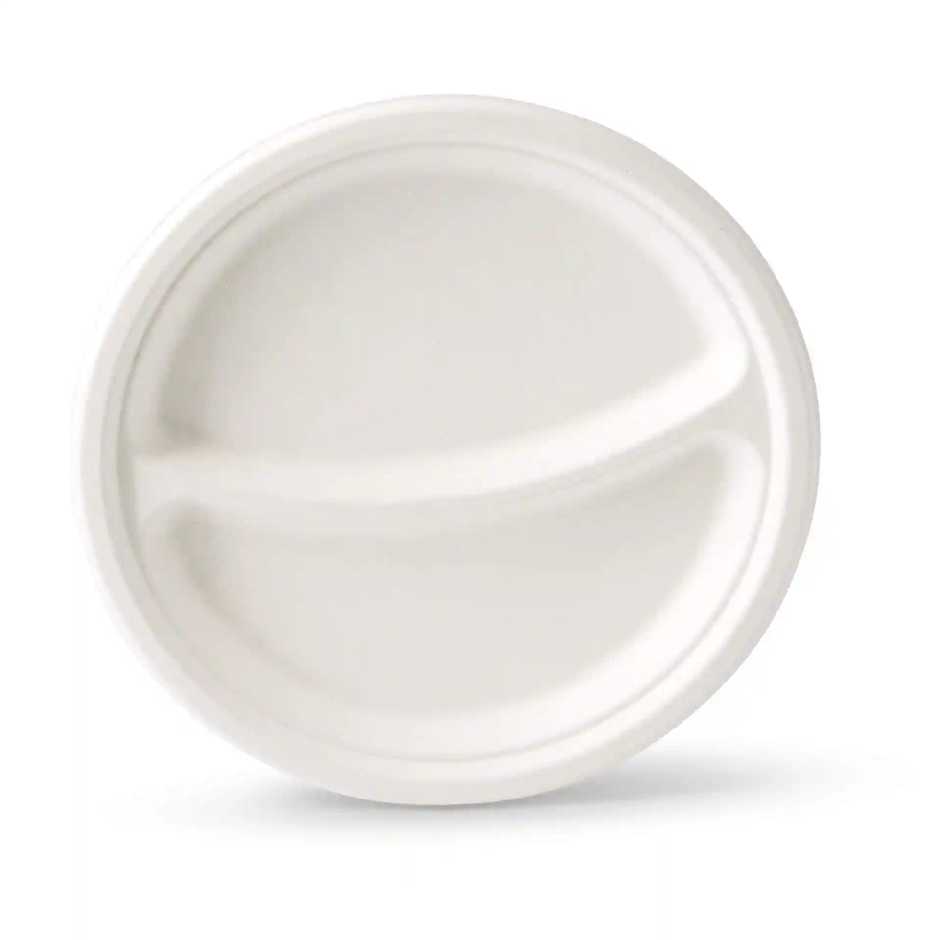 Assiette de menu ronde en canne à sucre blanche avec deux compartiments, mesurant 22 cm de diamètre.