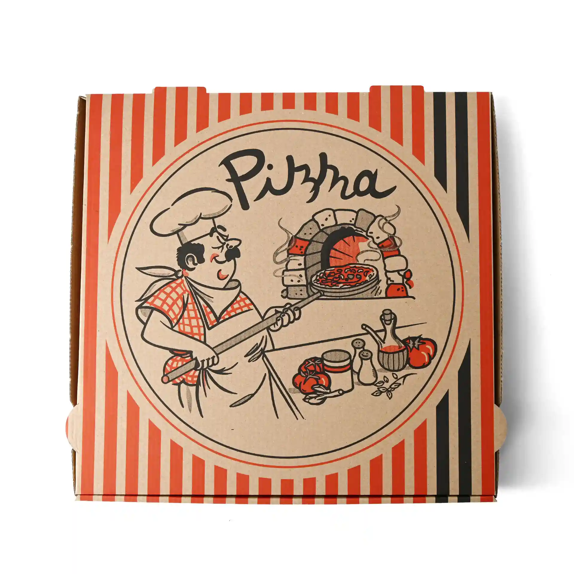 Boîte à pizza avec un design de chef pizzaiolo, couleur marron, dimensions 30 x 30 x 4 cm.