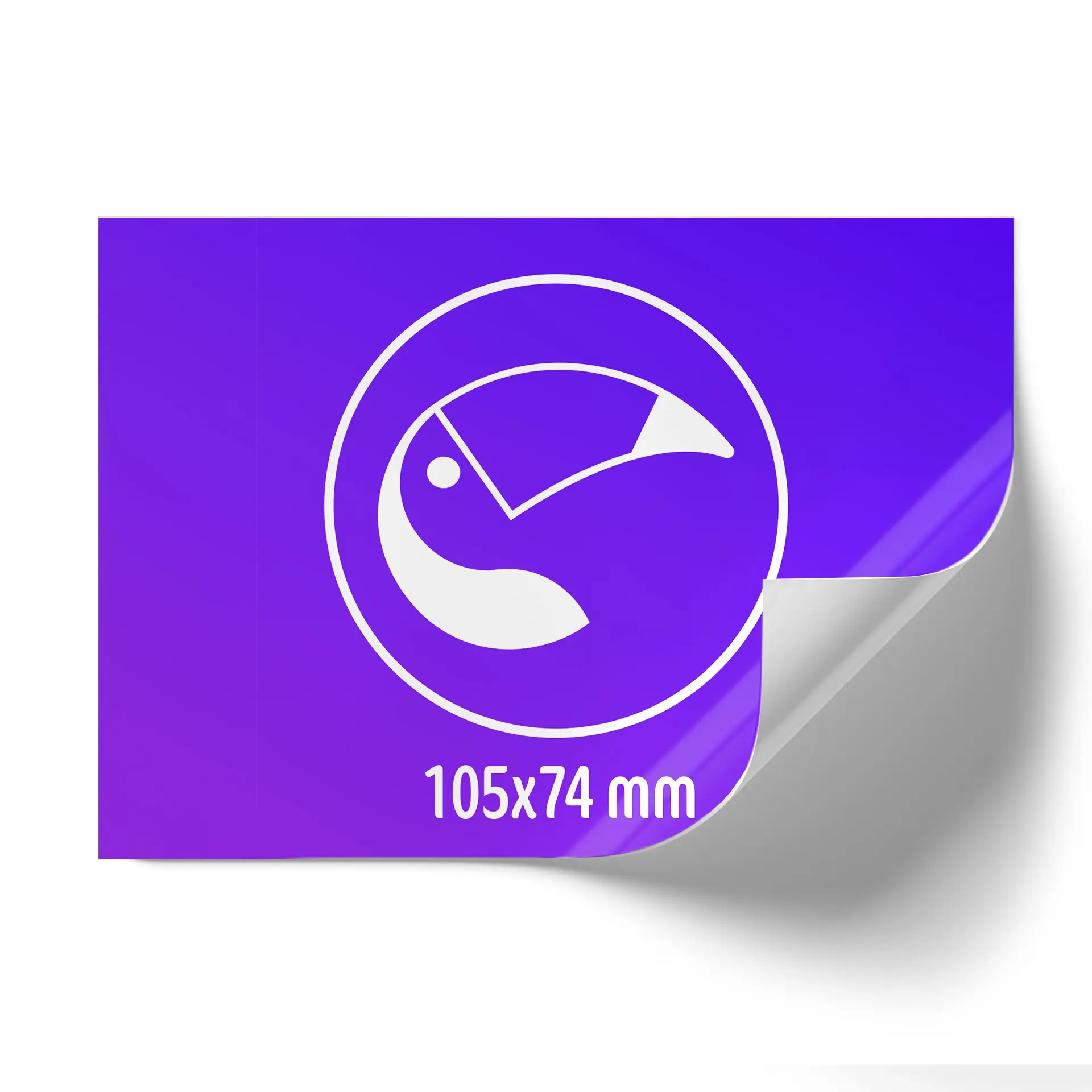 Design de logo avec un emblème blanc sur fond violet, dimensions 105x74 mm.