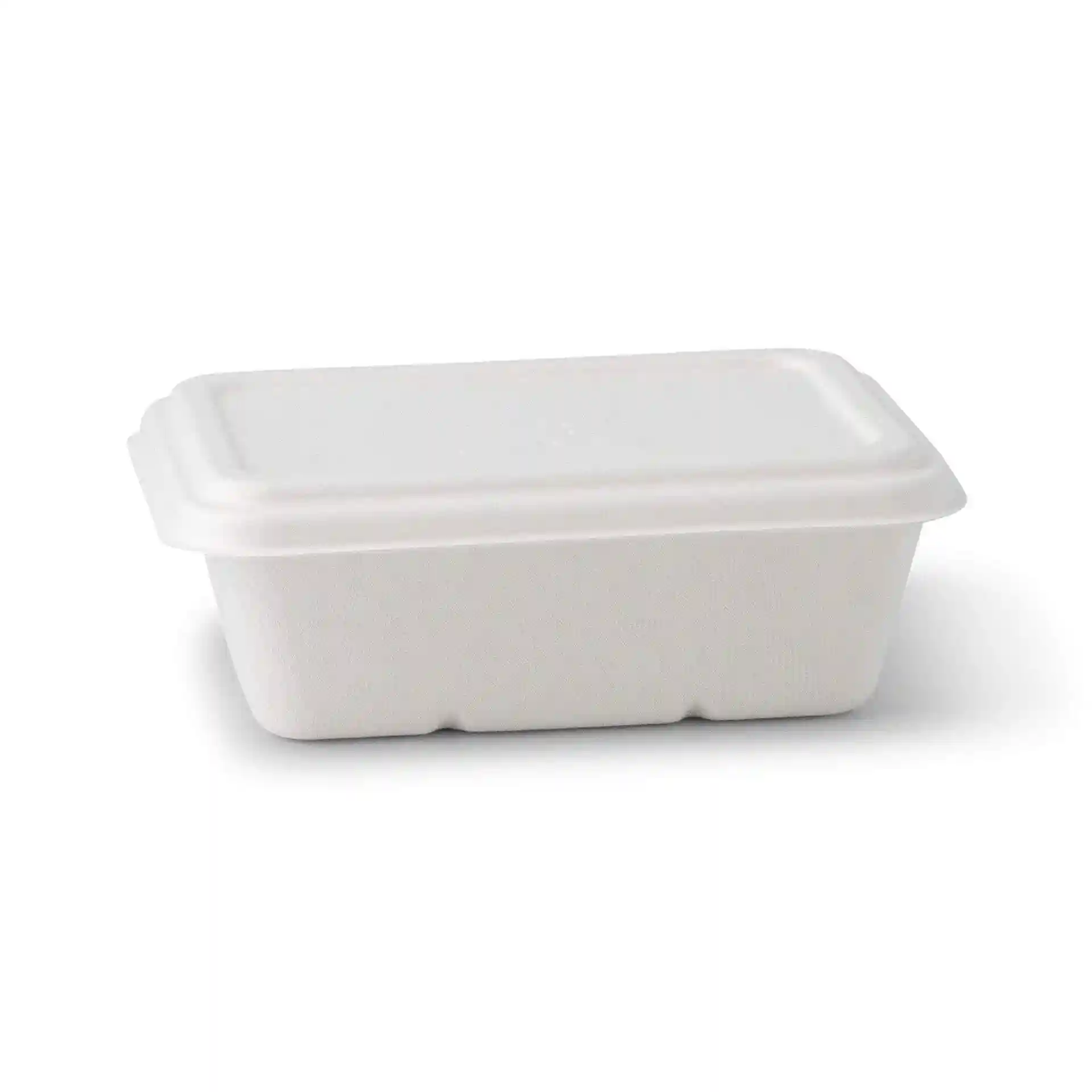 Conteneur rectangulaire blanc en canne à sucre avec couvercle, mesurant 17 x 12 cm et 15 mm de hauteur.