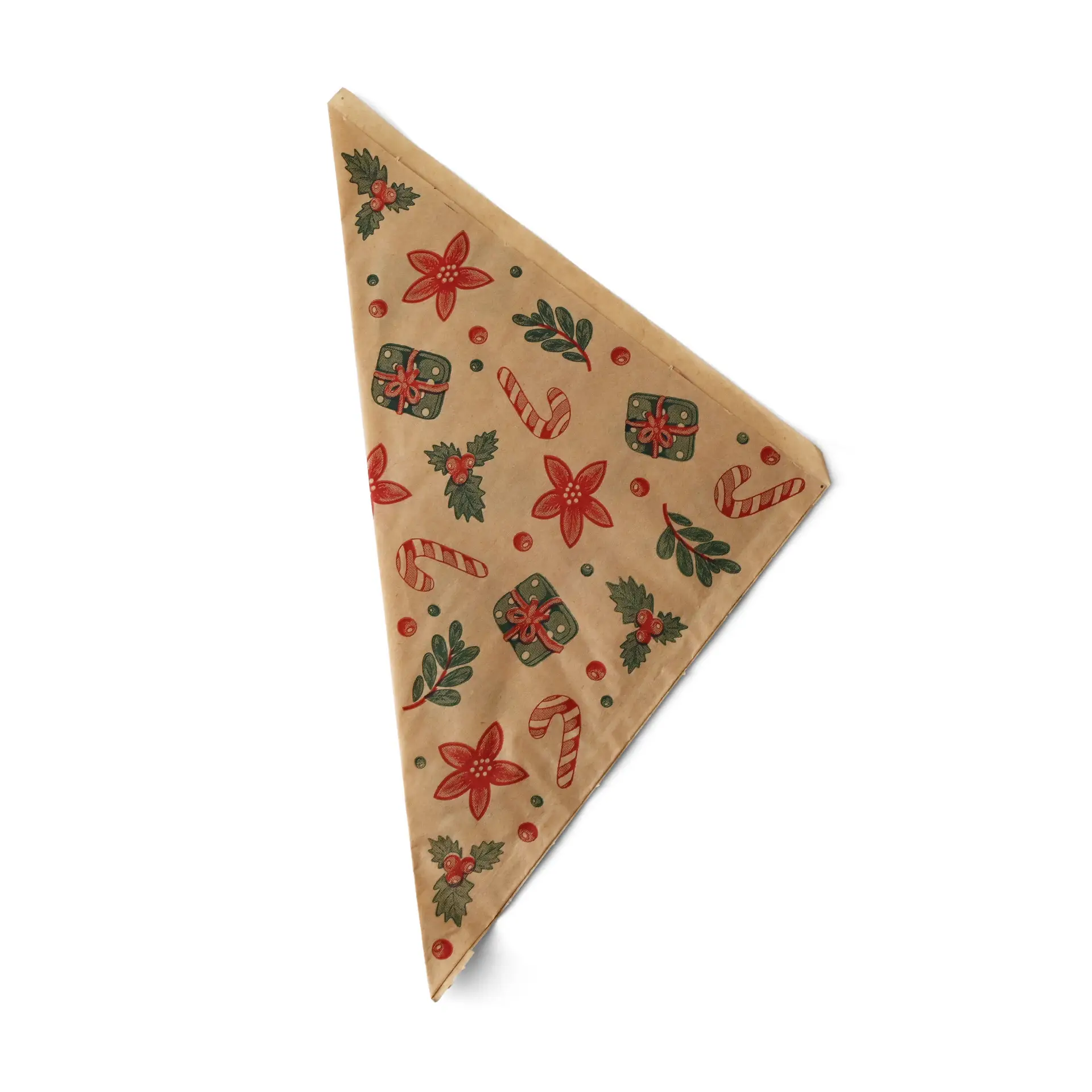 Sac en papier brun avec un design d'hiver présentant des fleurs rouges, des cadeaux, des cannes en sucre et des feuilles vertes.