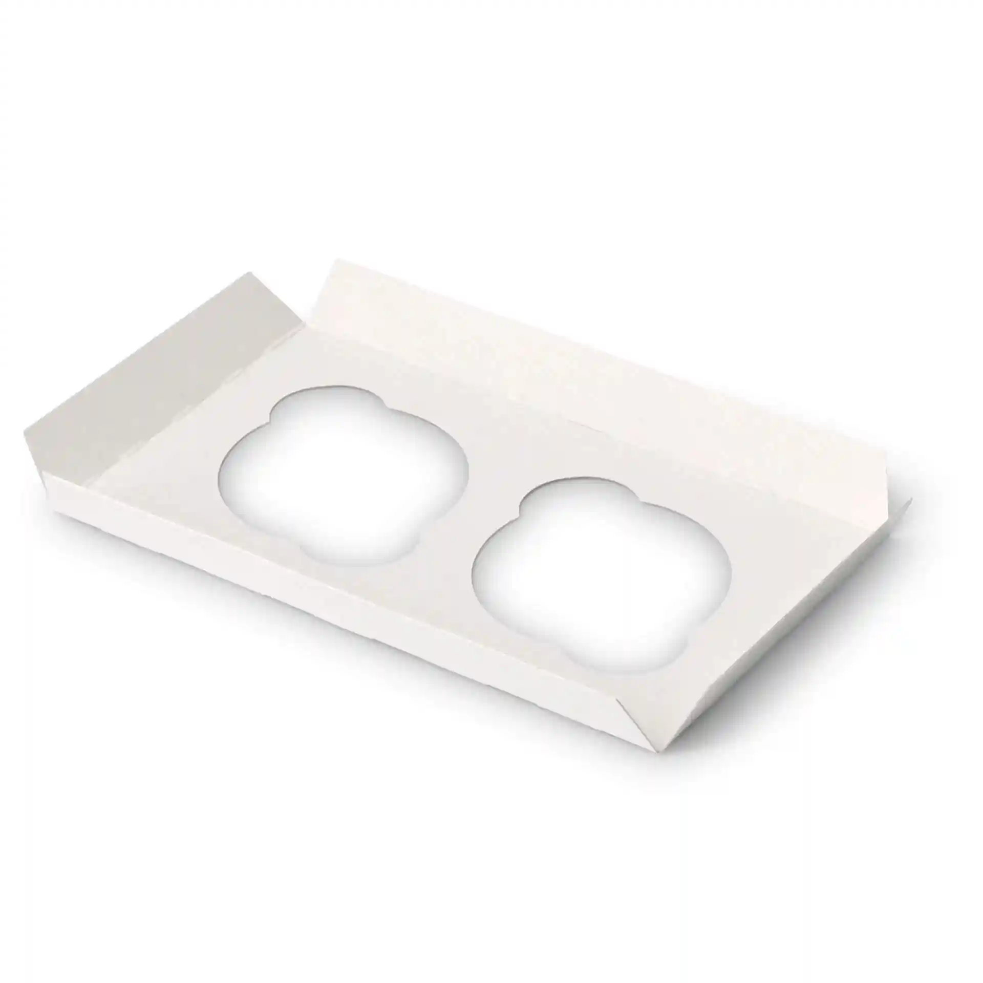 Insert en carton blanc pour deux cupcakes avec des découpes, conçu pour des boîtes à cupcakes.