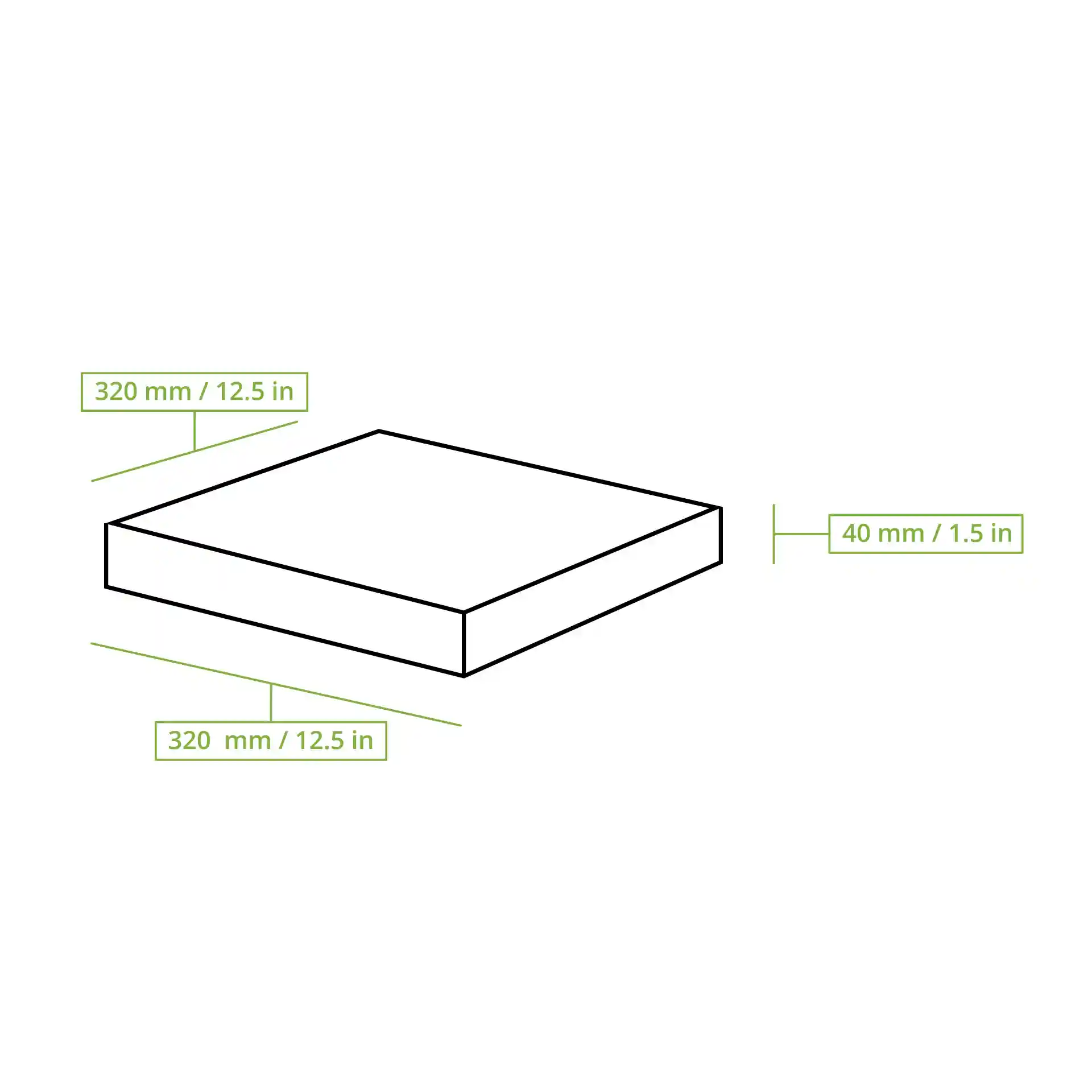 Dessin schématique d'une boîte à pizza avec des dimensions de 320 mm par 320 mm et une hauteur de 40 mm.