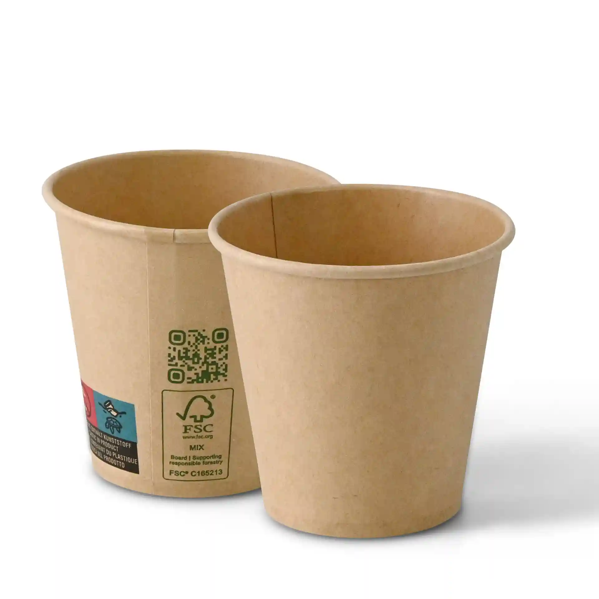 Gobelets en papier brun à paroi simple, capacité de 150 ml et diamètre de 80 mm, vus de côté.