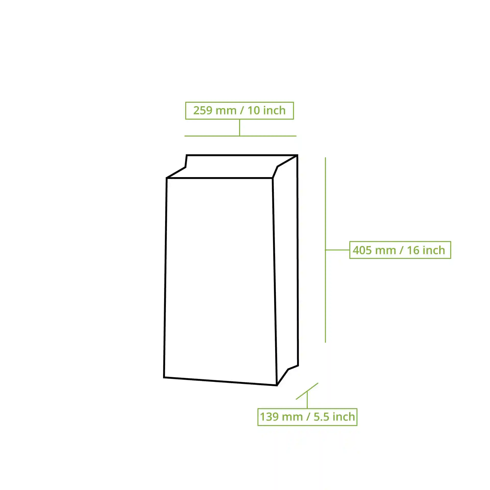 Dessin schématique d'un sac de shopping rectangulaire avec des lignes de dimension indiquant la hauteur, la longueur et la largeur.