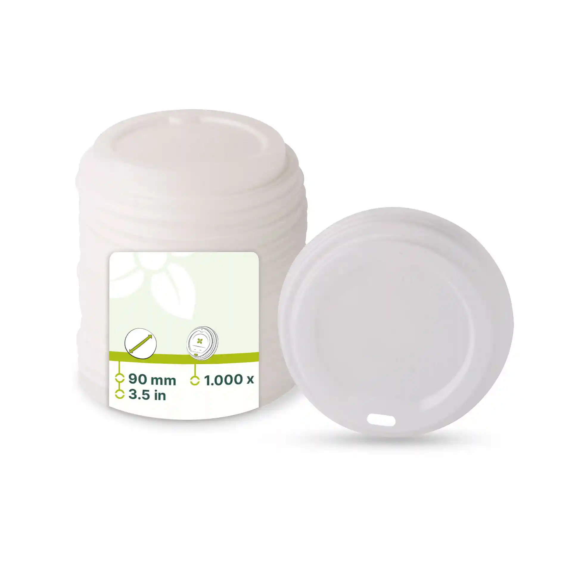 Couvercle CPLA blanc avec un trou pour boire, diamètre de 90 mm, empilé avec un couvercle visible à côté.
