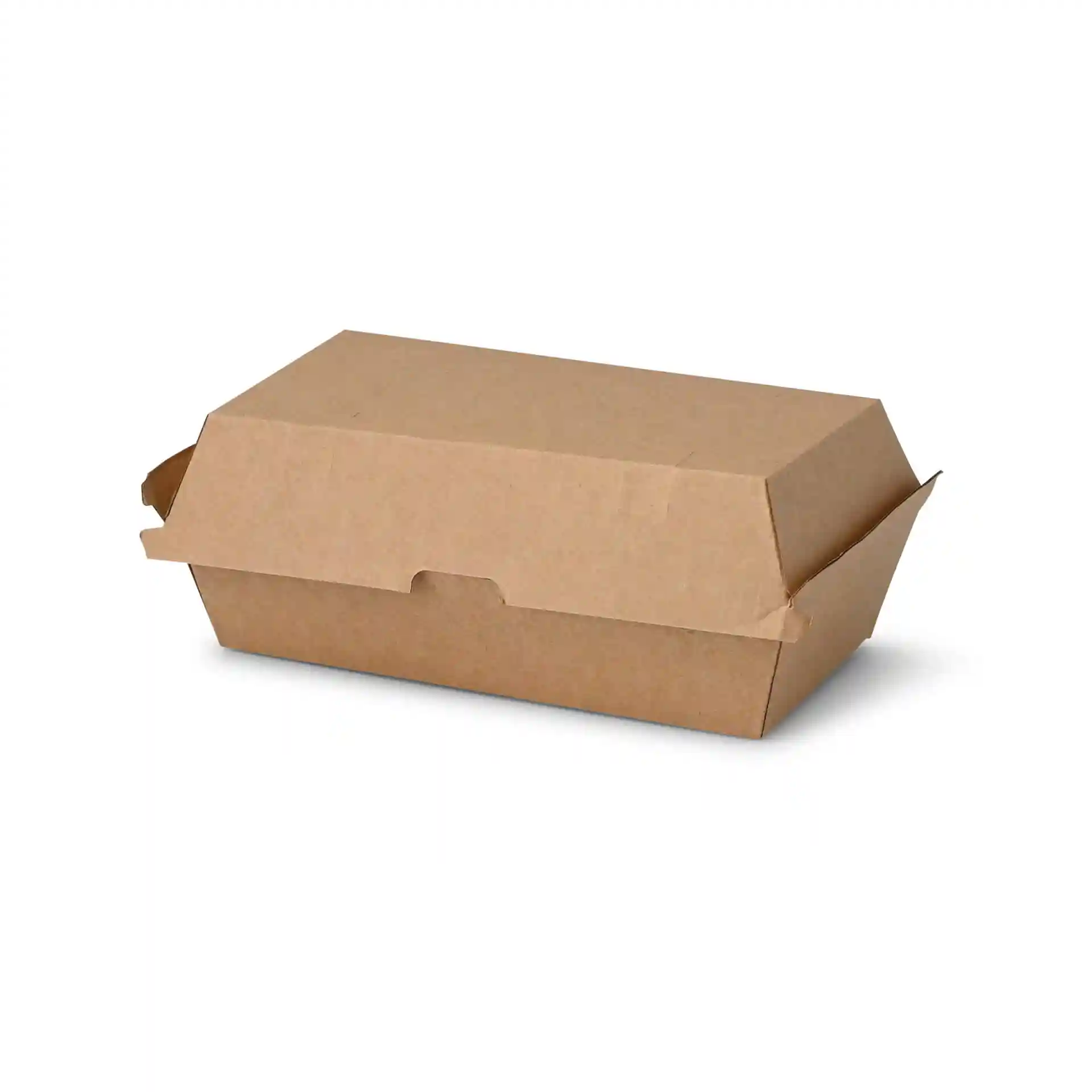 Boîte alimentaire en carton brun avec couvercle à charnière, mesurant 24,8 x 13 x 7,5 cm, forme rectangulaire.