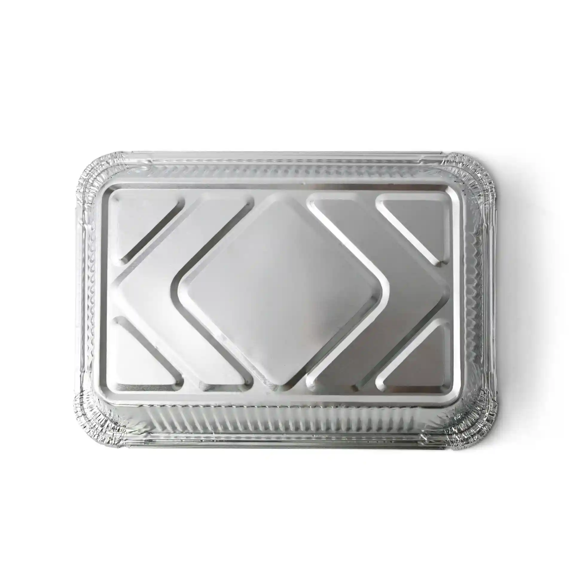 Conteneur en aluminium rectangulaire mesurant 21,4 x 14,9 x 4,3 cm avec une surface brillante et un design à motifs.