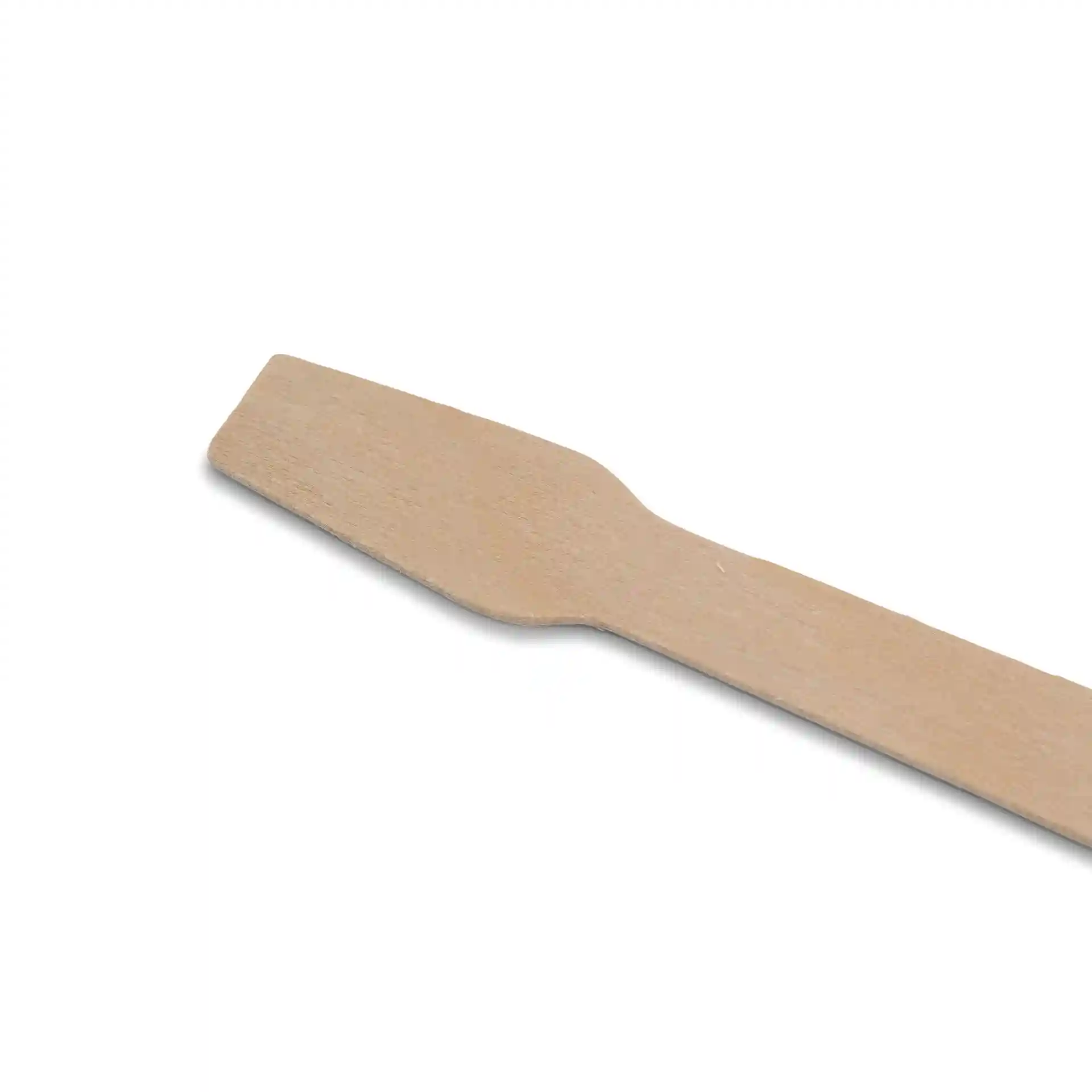 Cuillère à glace en bois brun, 9,6 cm de long, avec une extrémité plate et un manche effilé.