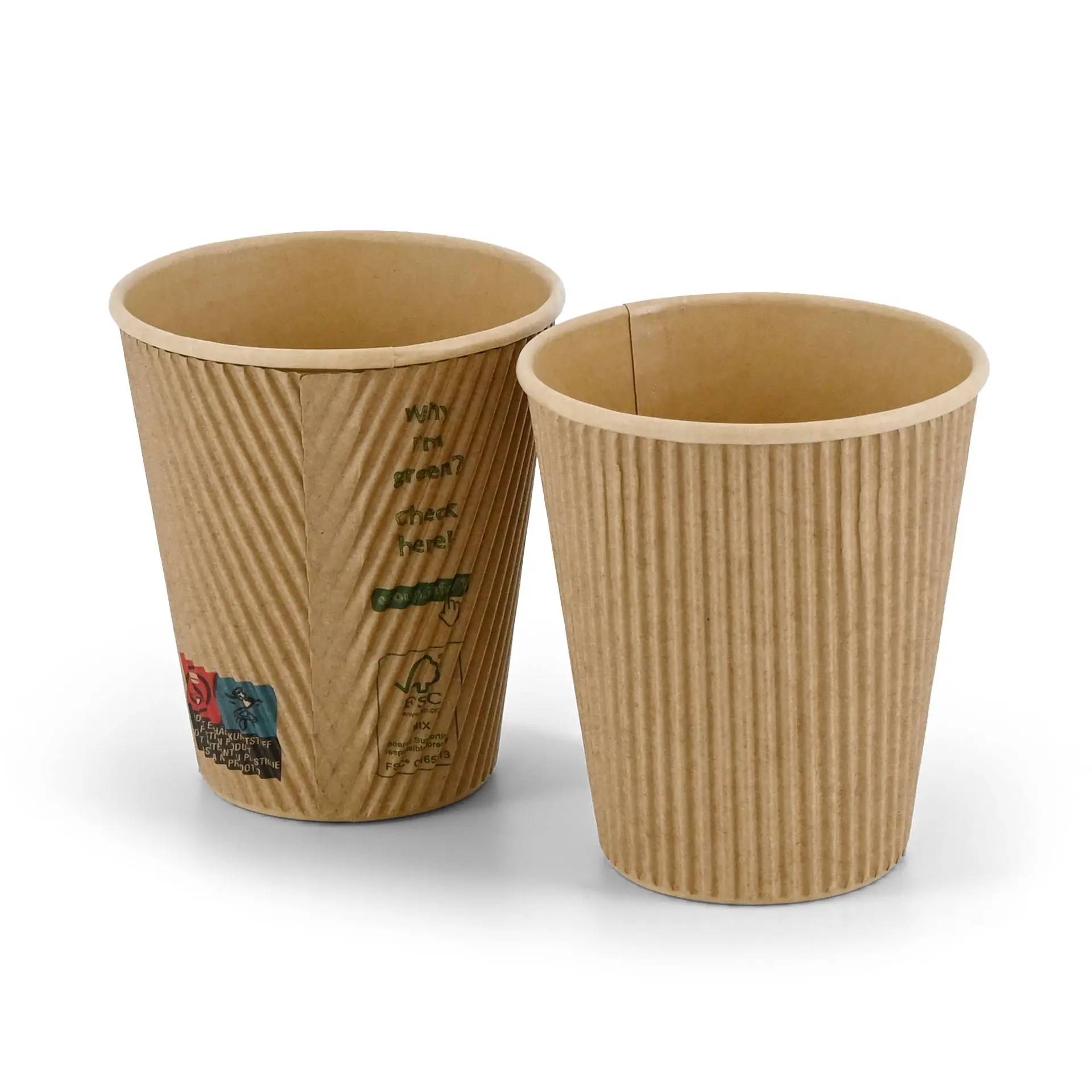 Gobelets en plastique brun isolés avec extérieur rainuré, conçus pour les boissons chaudes, dotés d'un revêtement intérieur en PLA et de construction triple paroi.