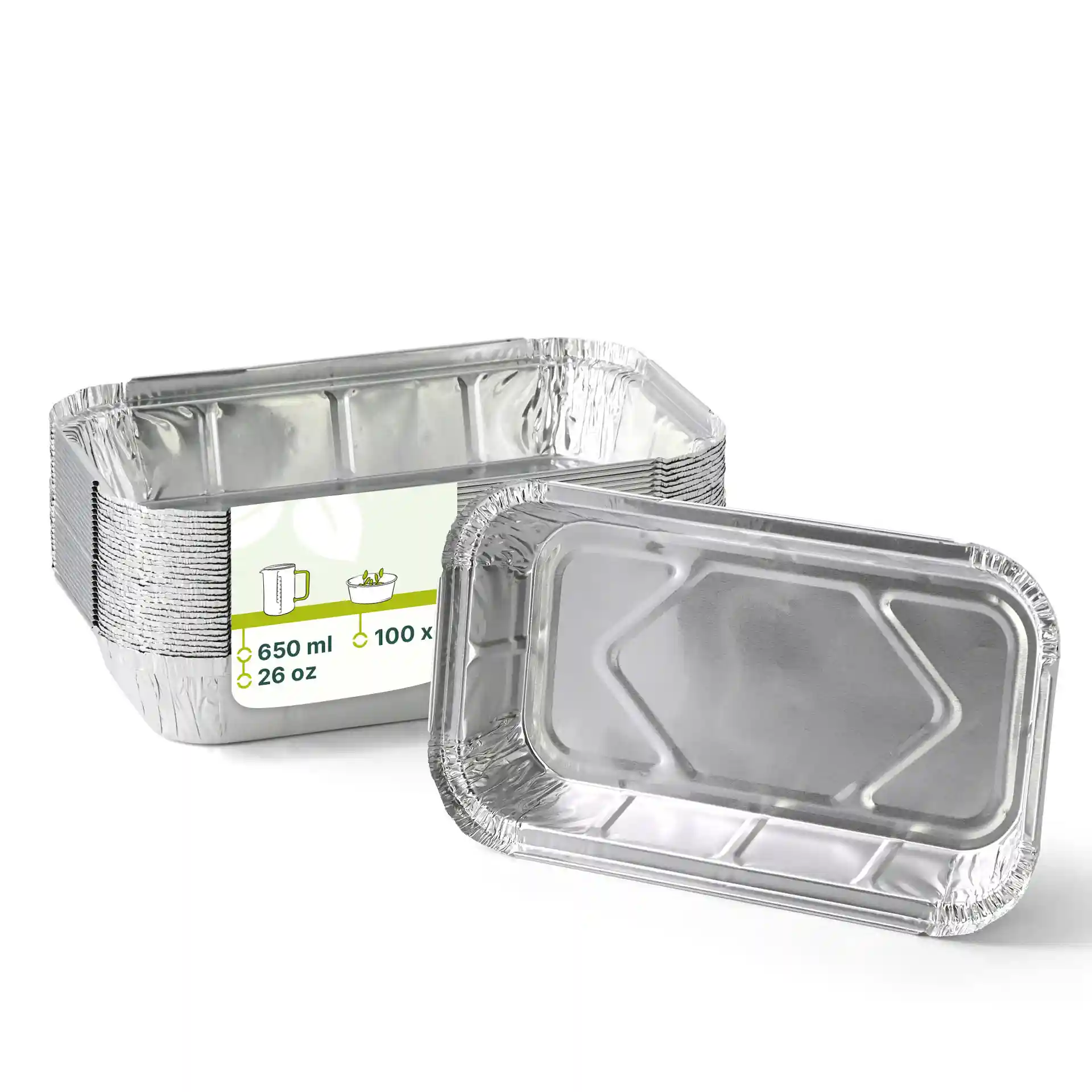 Contenants en aluminium rectangulaires mesurant 22,4 x 13,2 x 3,4 cm, avec un volume de remplissage de 650 ml.