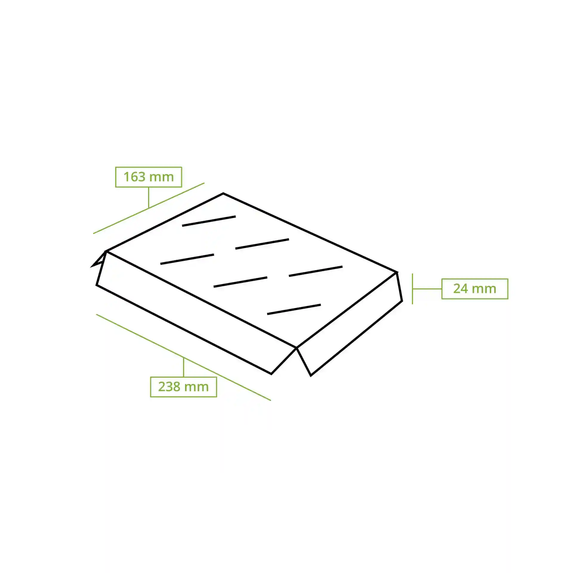Dessin schématique d'un insert rectangulaire pour boîtes à cupcakes avec des dimensions de 238 mm par 163 mm et une hauteur de 24 mm.