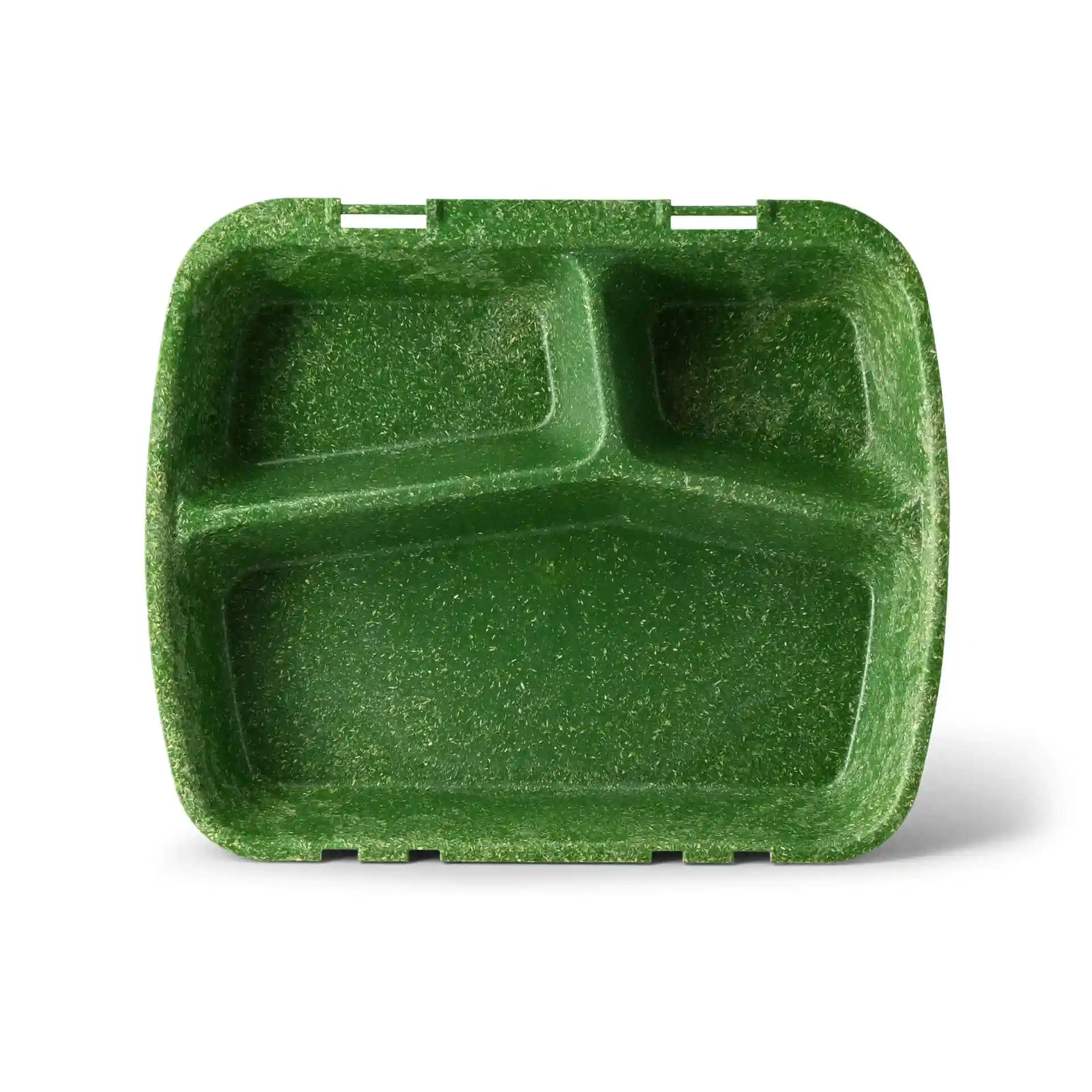 Conteneur de repas réutilisable vert avec trois compartiments, mesurant 24,5 x 20 x 4,5 cm.