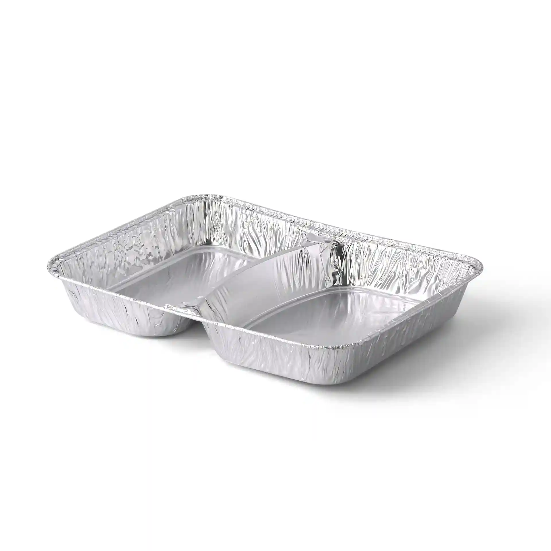 Plateau repas en aluminium avec deux compartiments, forme rectangulaire, mesurant 22,7 x 17,7 x 3 cm.