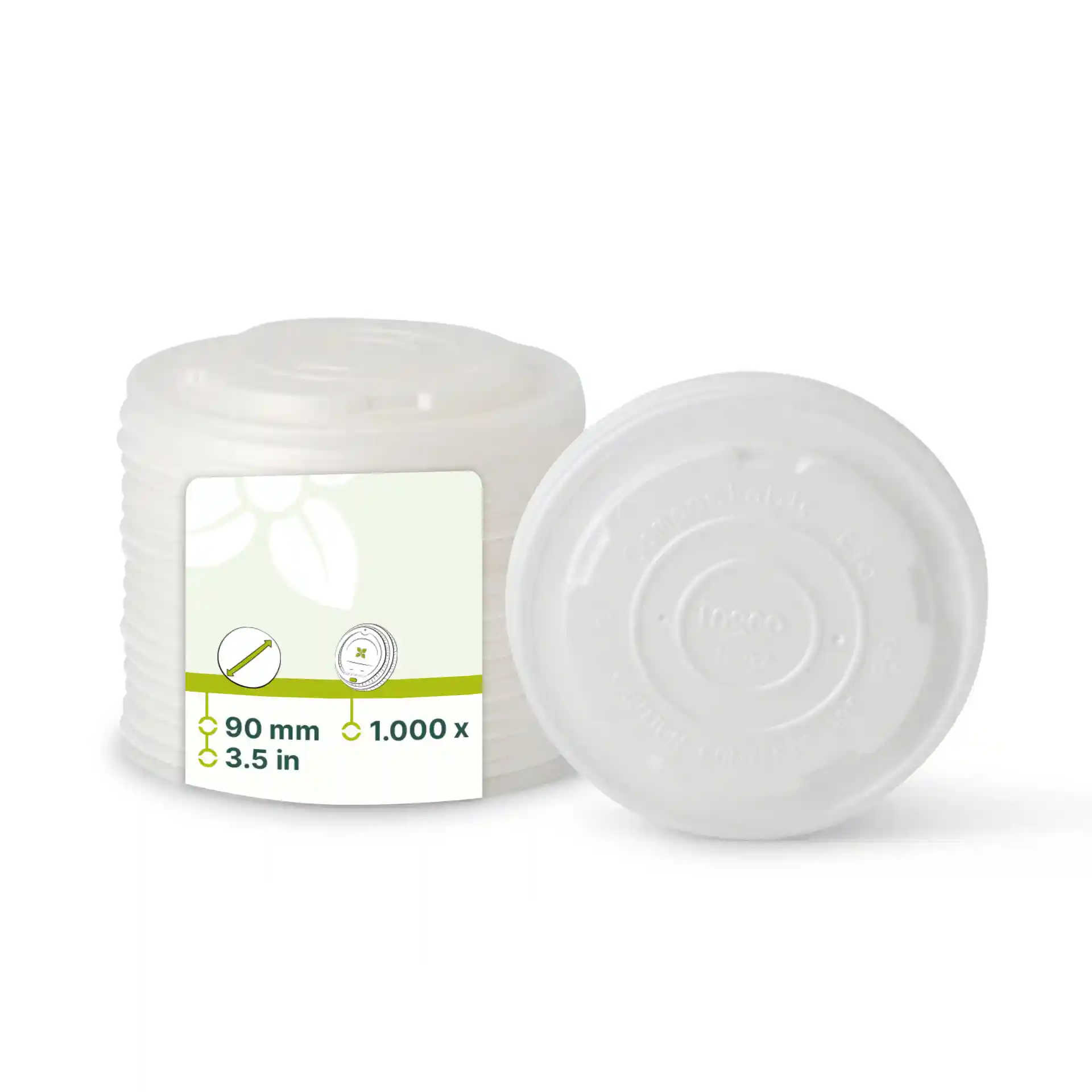 Couvercles plats blancs en CPLA empilés, avec une étiquette indiquant des dimensions de 90 mm et une forme ronde.