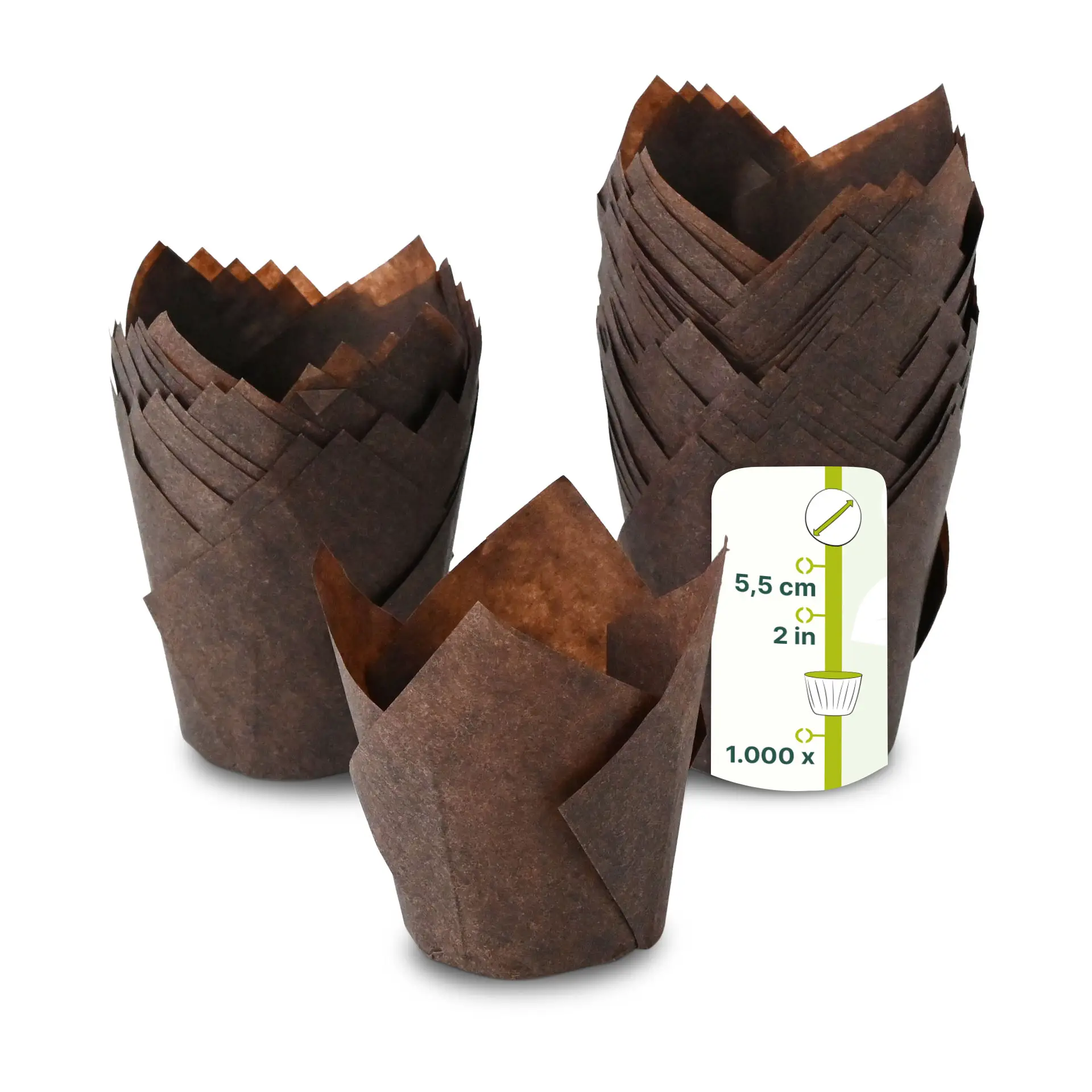 Cups à muffins en papier brun, diamètre de 5 cm, empilés avec une étiquette indiquant la quantité et les dimensions. Idéal pour la cuisson et le service.