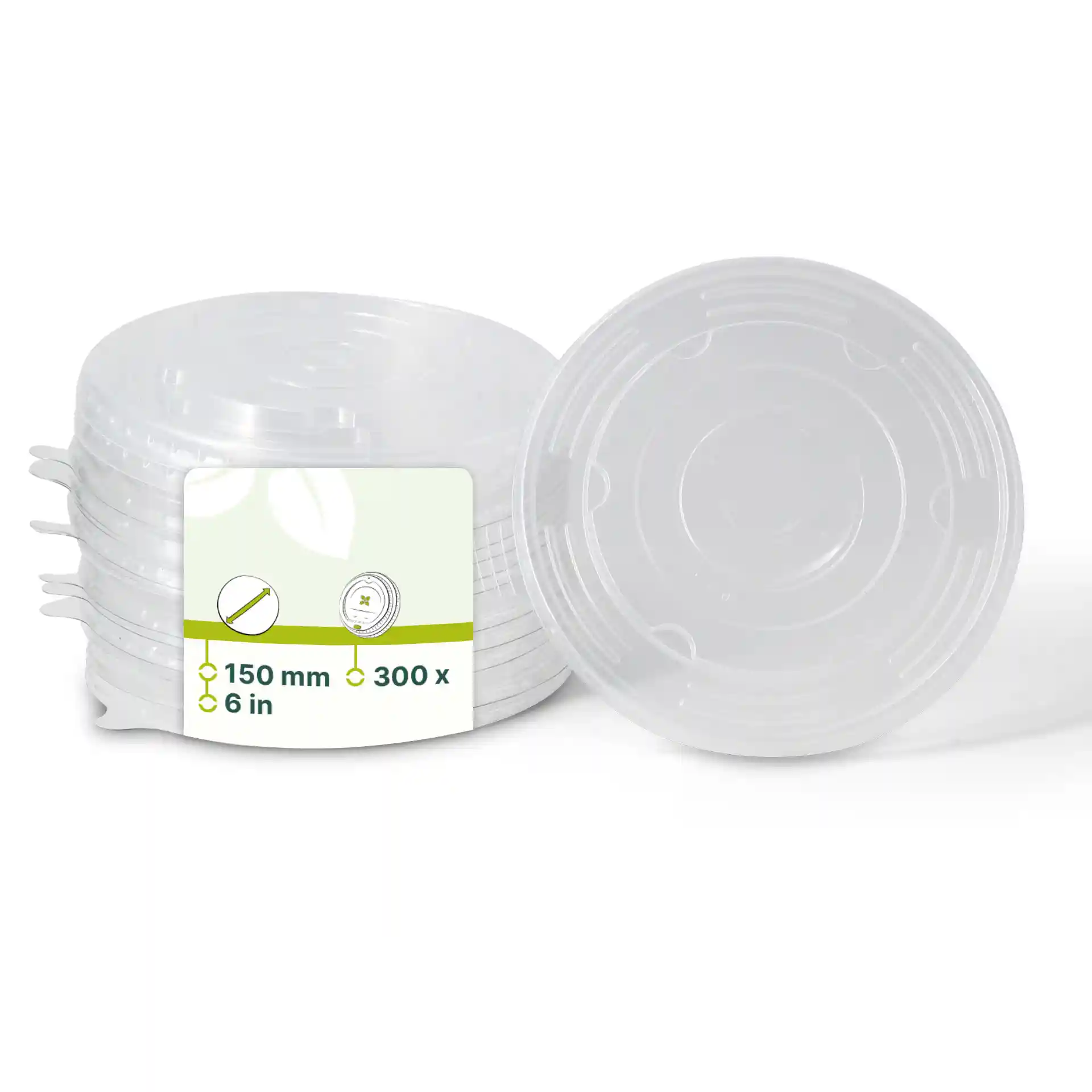 Couvercles ronds transparents en PP, 150 mm de diamètre, empilés avec une étiquette indiquant les détails du produit.