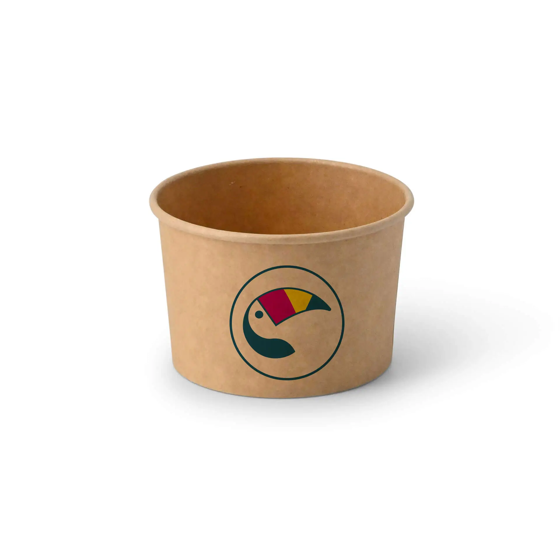 Cup à glace marron avec logo, adapté pour 200 ml, avec un revêtement PE. Couvercle sécurisé en option disponible.