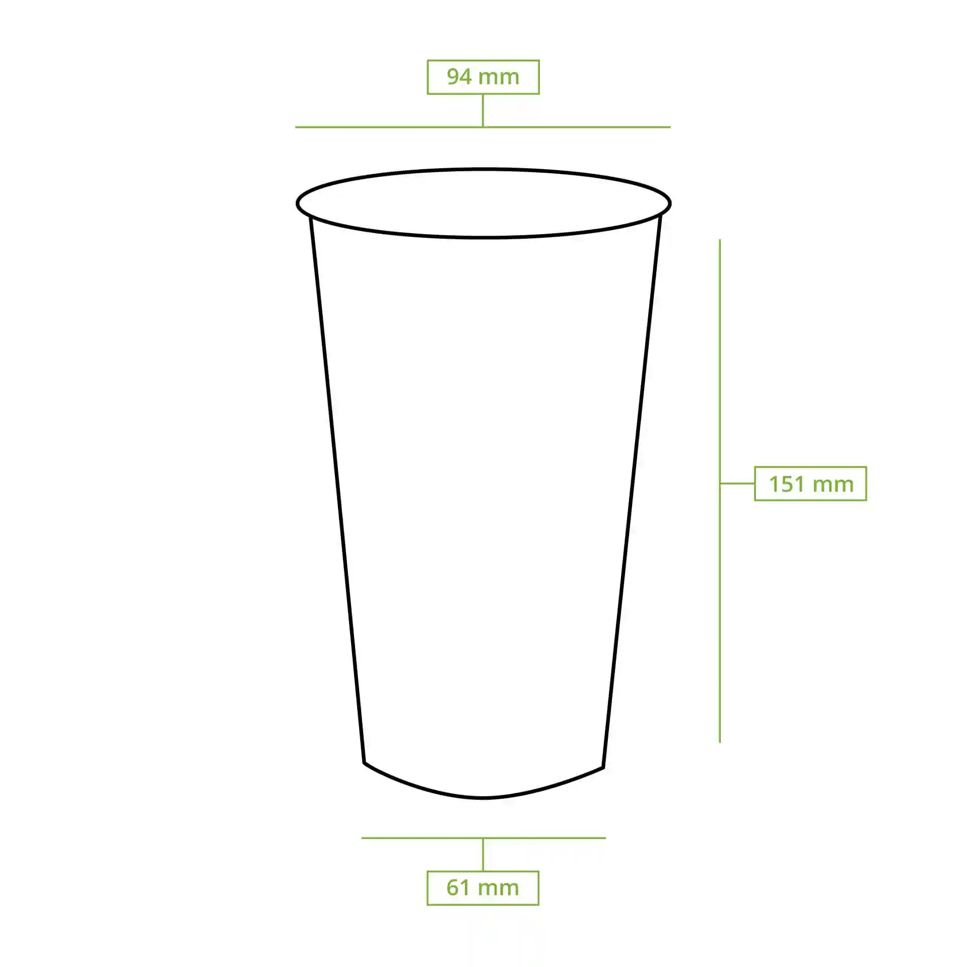 Dessin schématique d'un verre transparent avec dimensions : hauteur 151 mm, diamètre supérieur 95 mm, diamètre de base 61 mm.