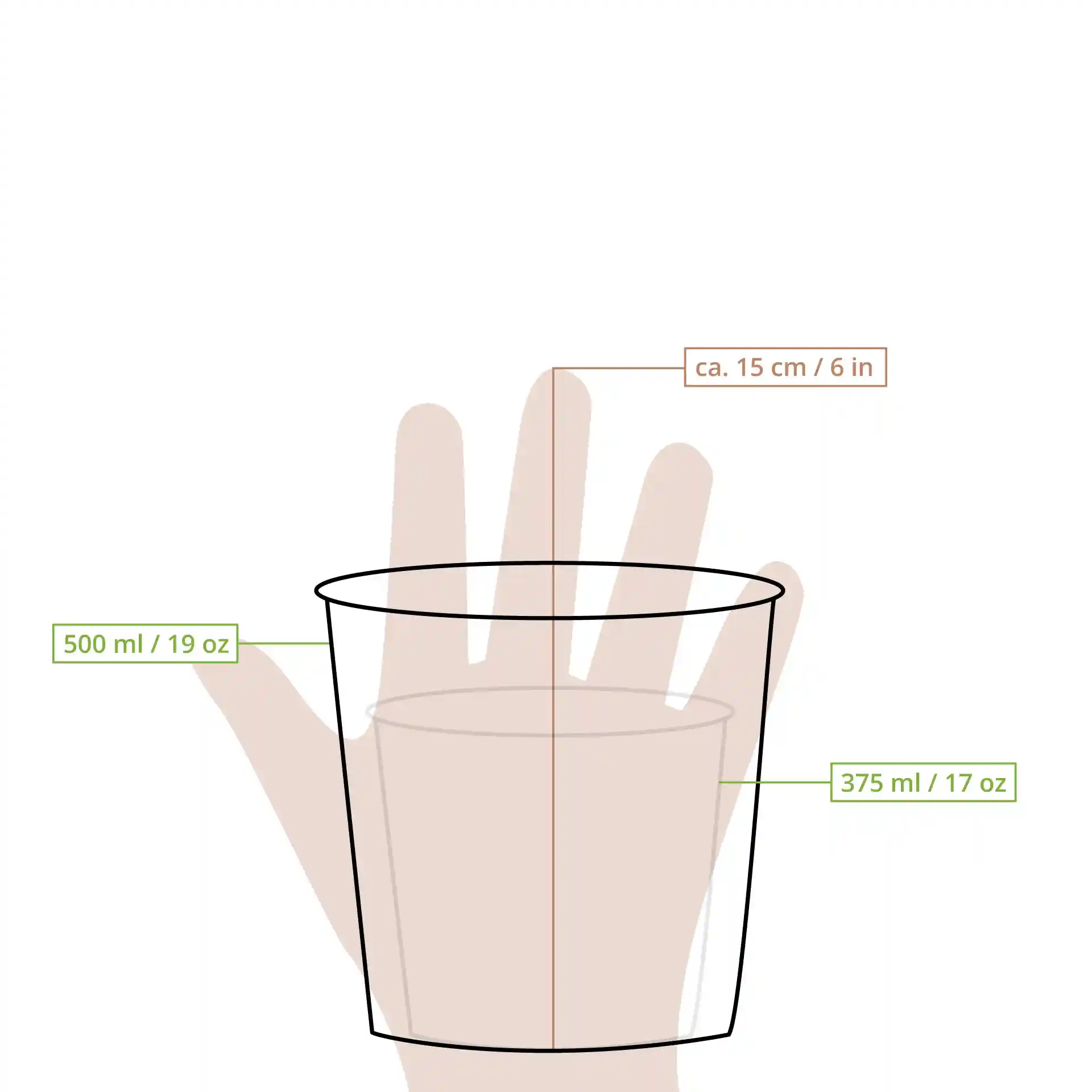 Dessin schématique d'une tasse à soupe striée avec des lignes de dimension, montrant une main pour l'échelle et des mesures étiquetées.