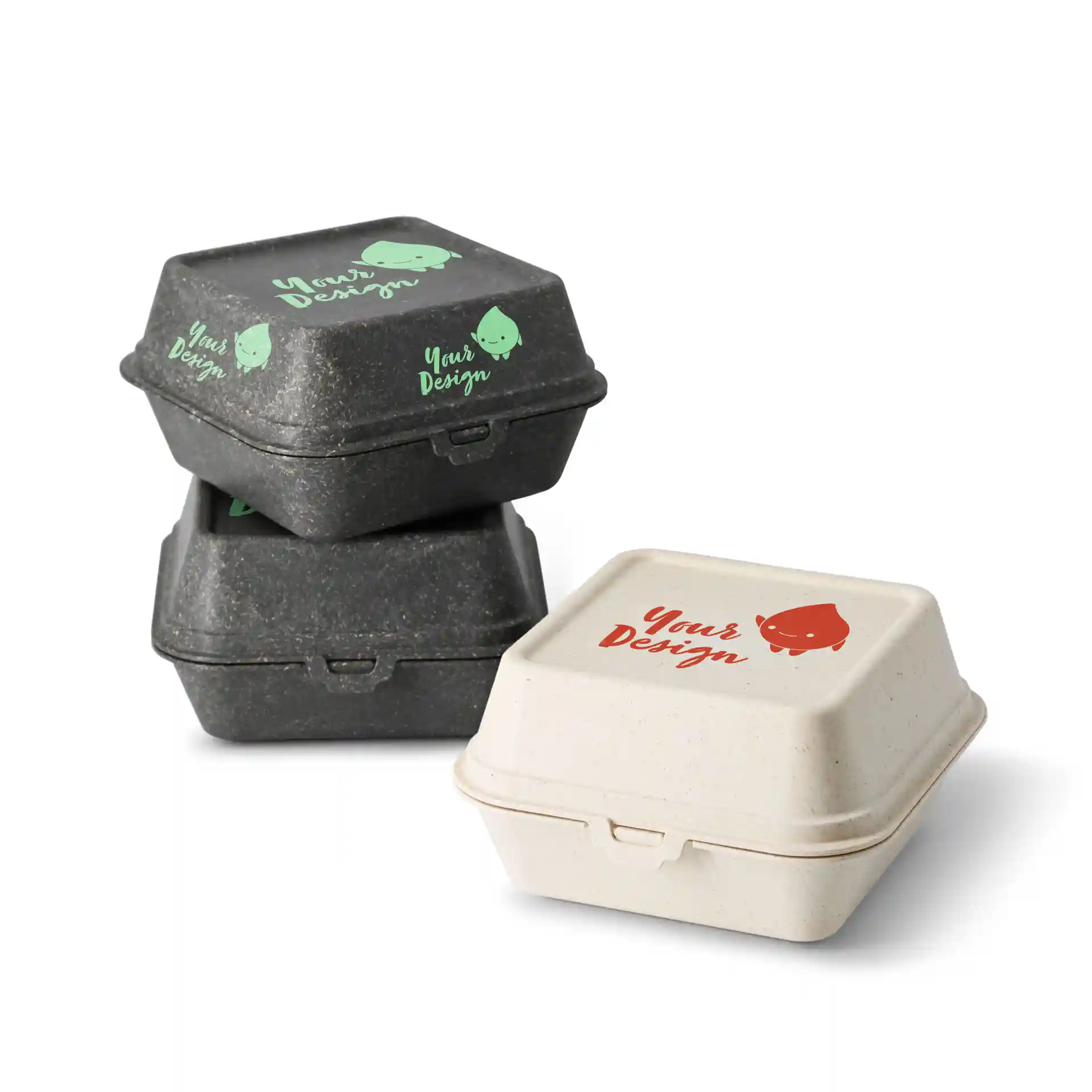 Empilement de boîtes à burgers réutilisables imprimées en blanc crème et noir, avec des motifs sur les couvercles.