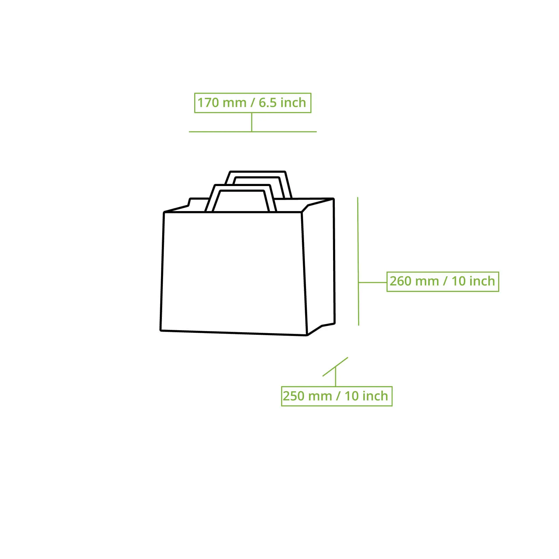 Dessin schématique d'un sac en papier avec dimensions étiquetées : 260 mm de longueur, 170 mm de largeur et 250 mm de hauteur.