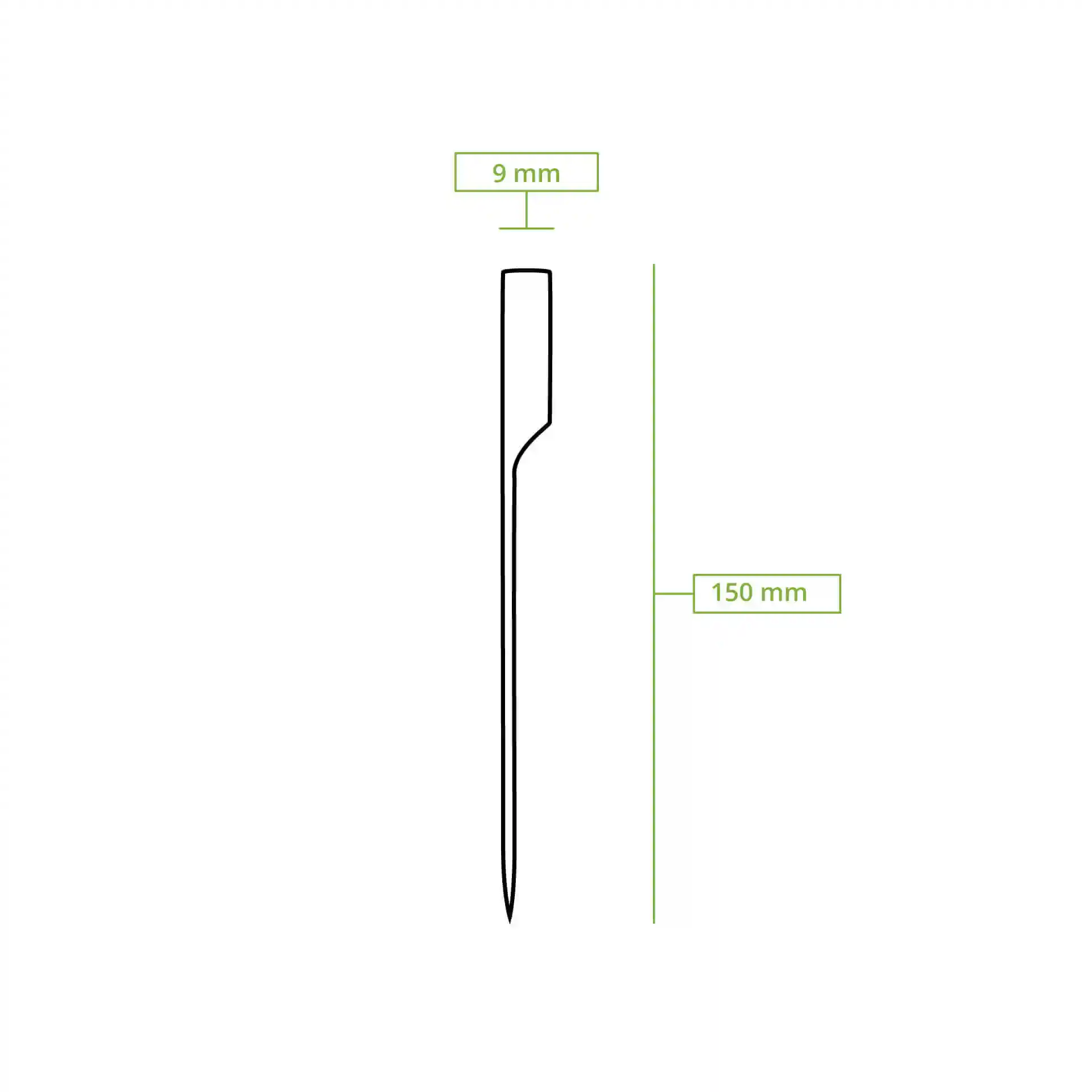 Dessin schématique d'un pique en bambou, long de 150 mm et large de 9 mm, avec une extrémité pointue.