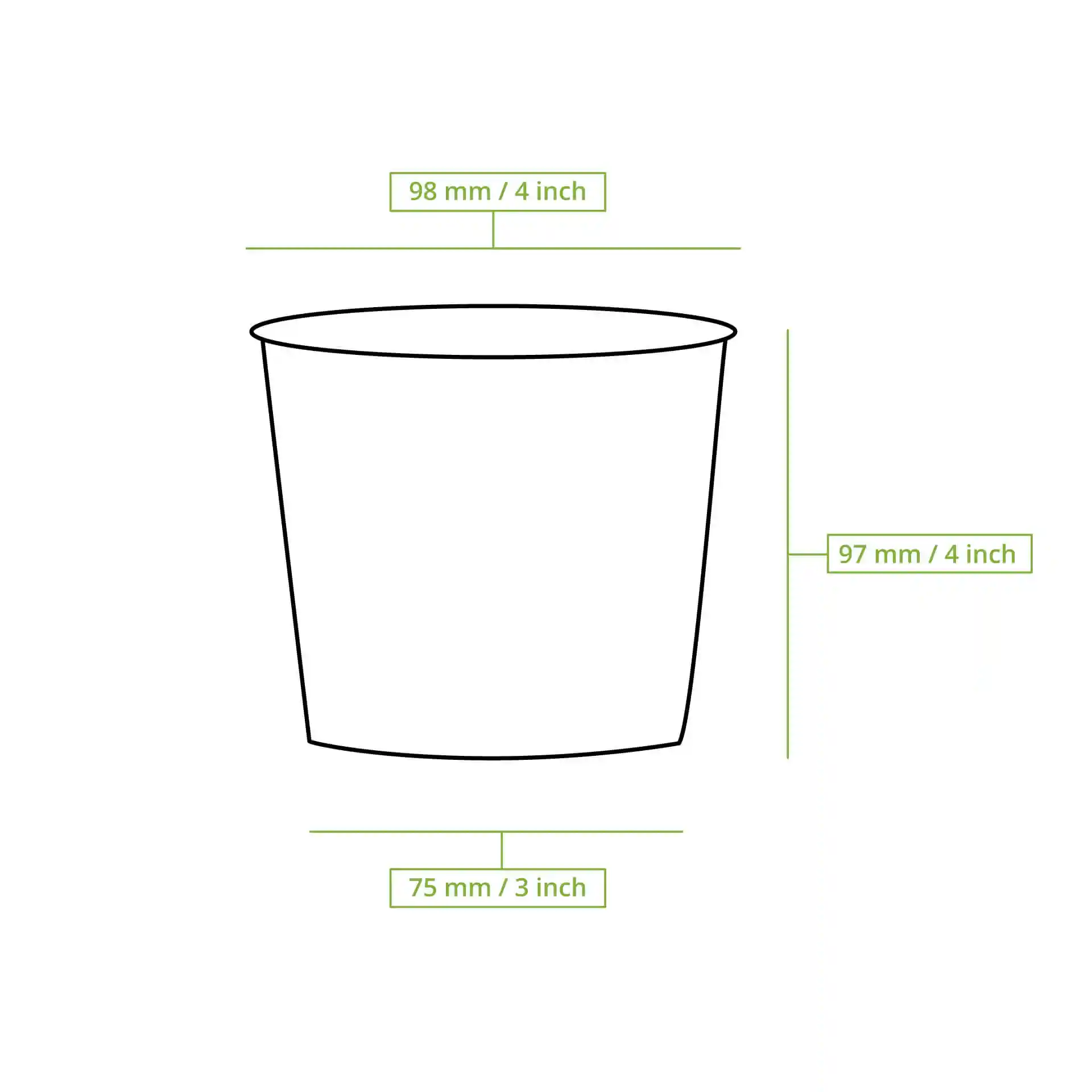 Dessin schématique d'un bol rond avec dimensions : diamètre supérieur 97 mm, diamètre inférieur 75 mm, hauteur 98 mm.