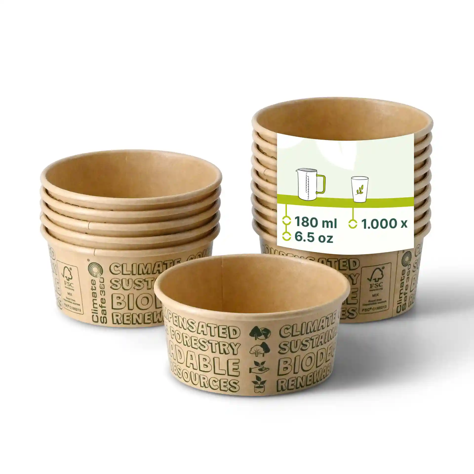 Des gobelets en papier marron empilés, avec un gobelet devant montrant une étiquette indiquant une capacité de 180 ml.