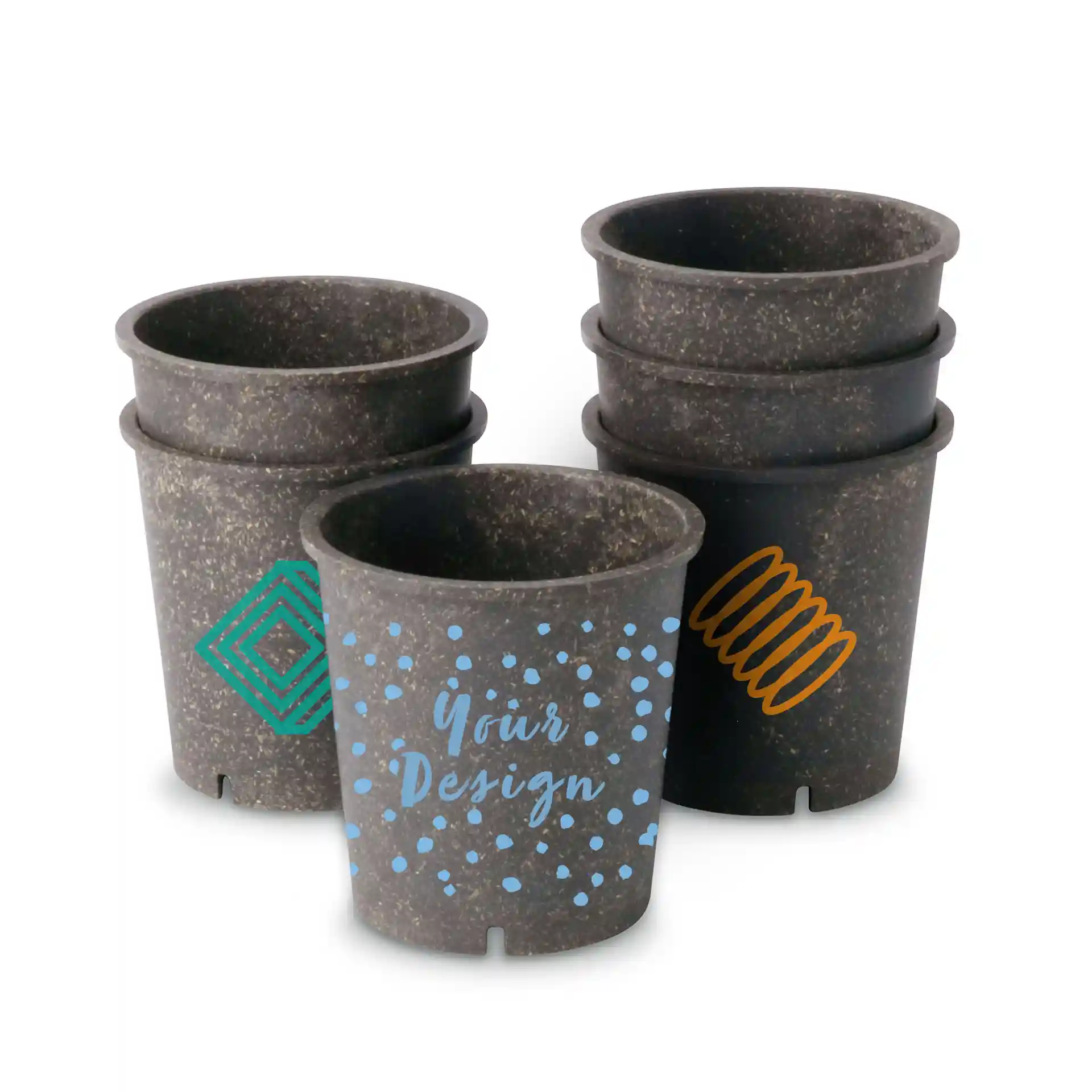 Tasses à soupe grises réutilisables et rondes avec des designs personnalisés, empilées avec des motifs et des marques visibles.