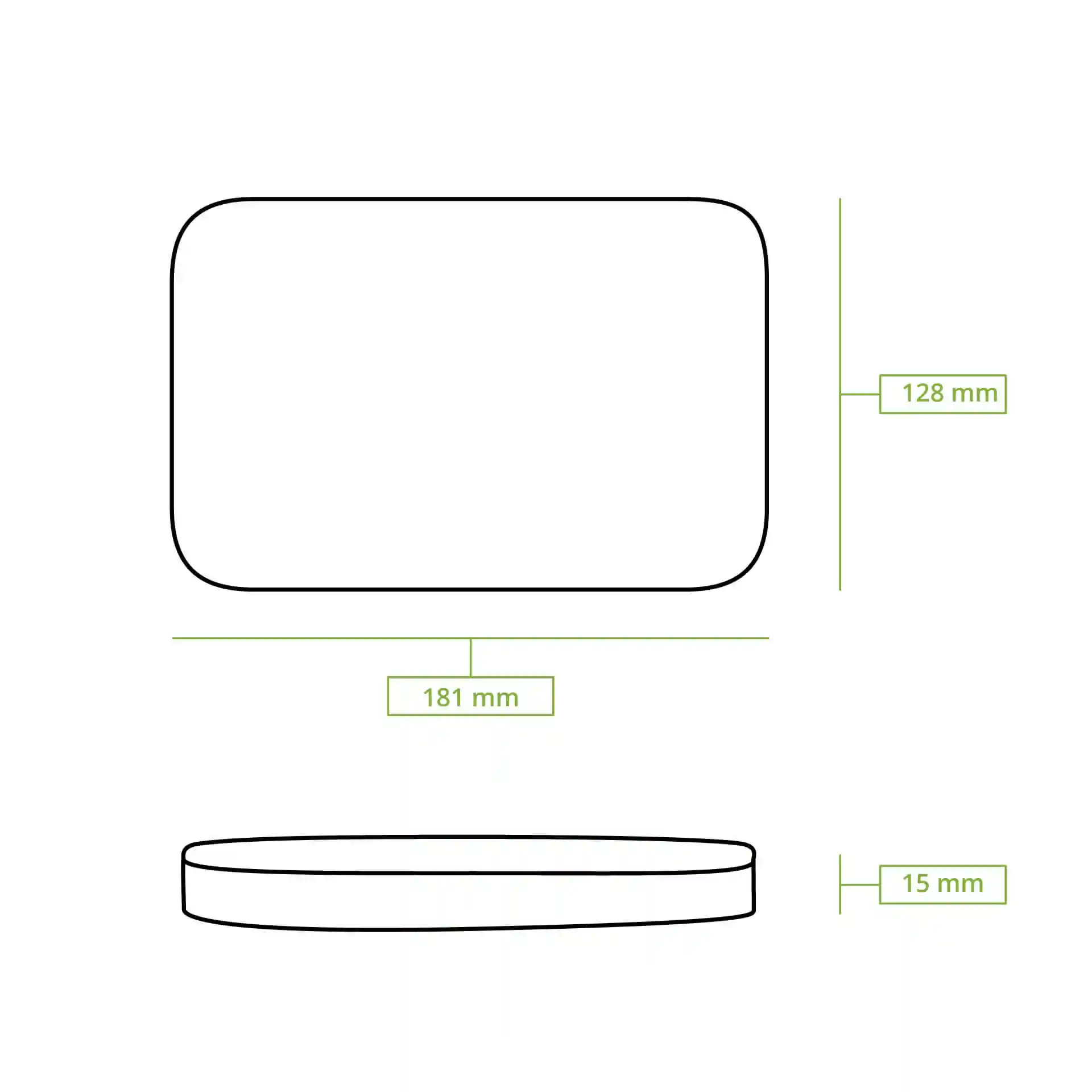 Dessin schématique d'un conteneur rectangulaire avec des dimensions de 181 mm par 128 mm et une hauteur de 15 mm.