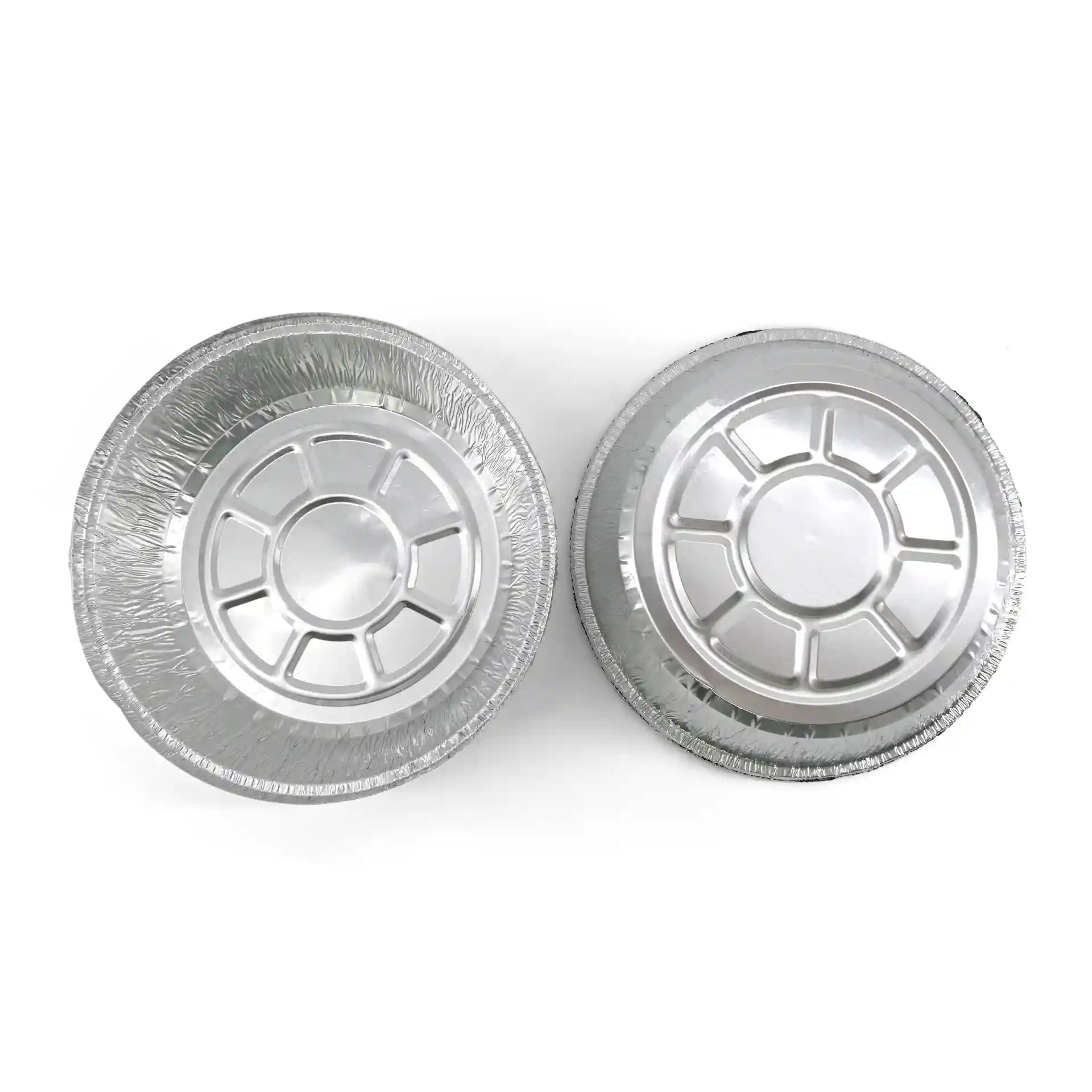 Deux conteneurs ronds en aluminium d'un diamètre de 182 mm et d'une hauteur de 43 mm, vus de dessus.