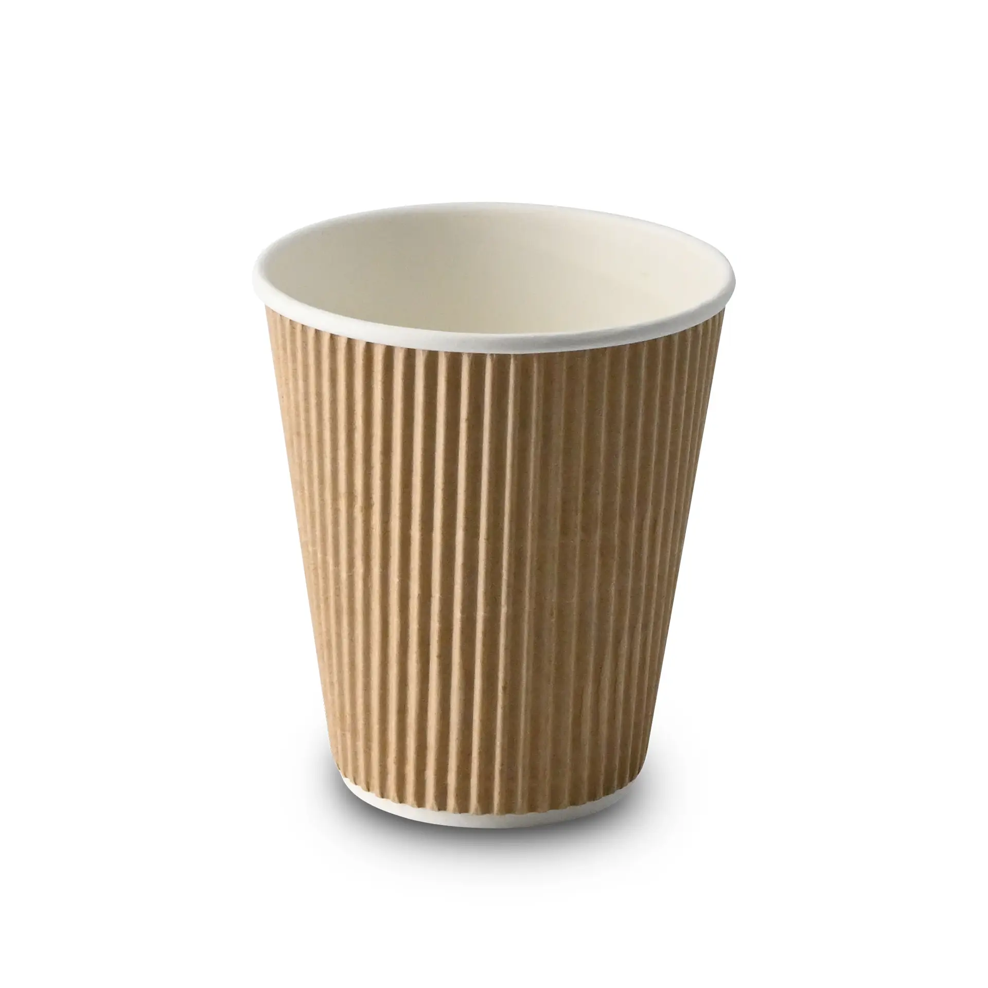Une tasse à café ribbed de 10 oz avec un extérieur brun et un intérieur blanc; conçue pour les boissons chaudes, avec isolation à paroi ondulée.