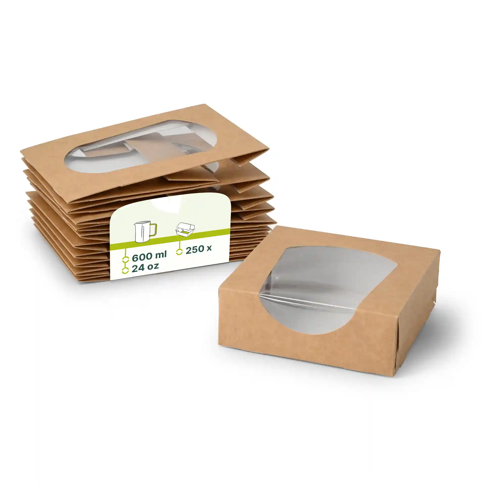 Boîtes en carton marron avec fenêtre en cellulose, mesurant 12 x 12 x 4 cm, empilées avec une boîte devant.