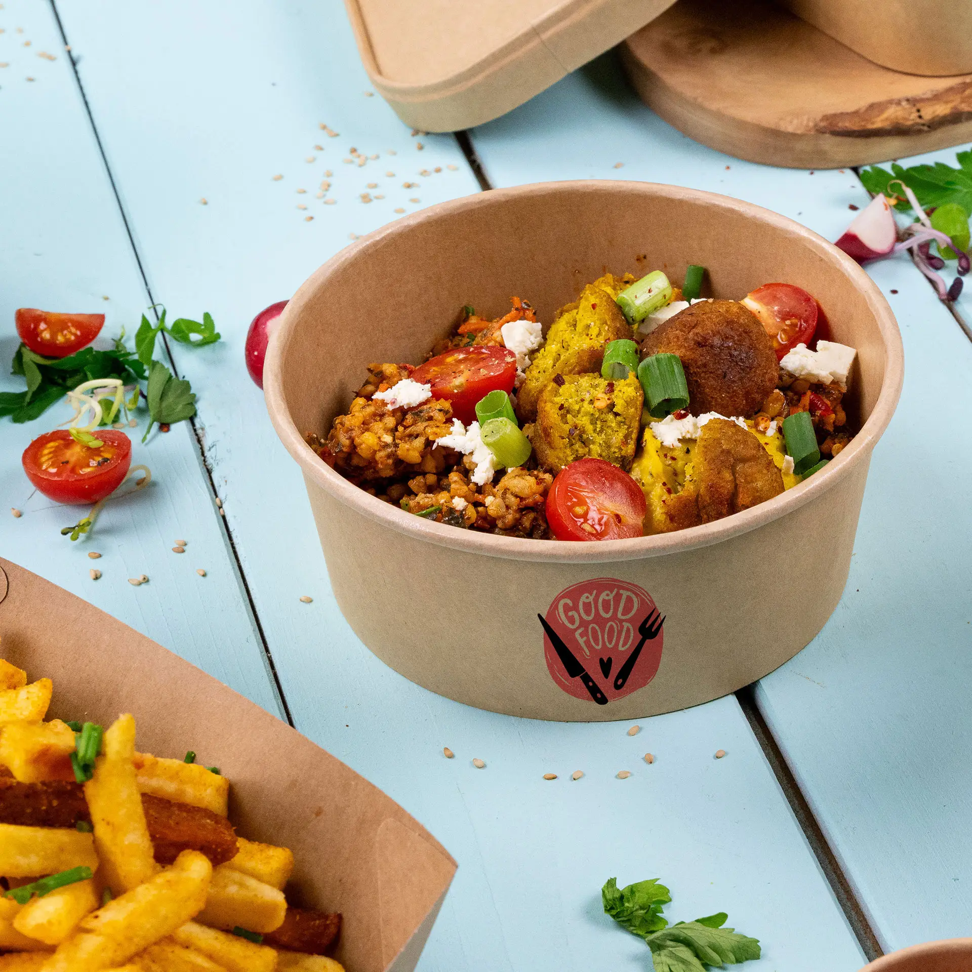 Bols à salade personnalisés / Bowls personnalisés, 650 ml, Ø 150 mm, brun, avec revêtement PE