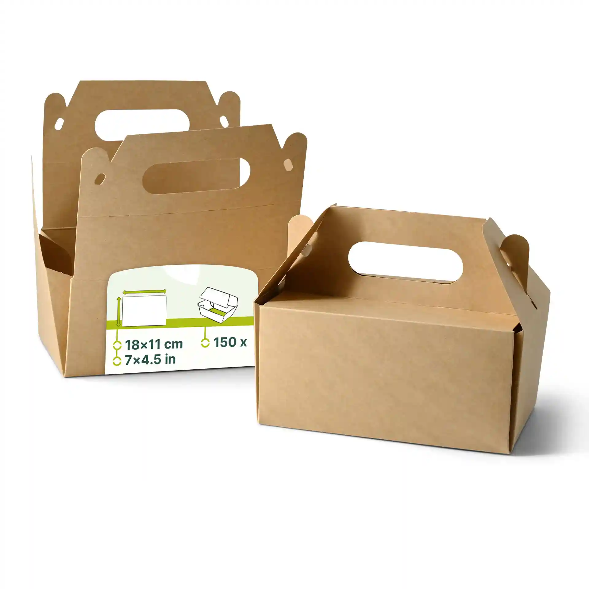 Boîtes à pâtisserie en carton brun avec poignées, forme rectangulaire, dimensions 18 x 11 x 9 cm, deux boîtes montrées.