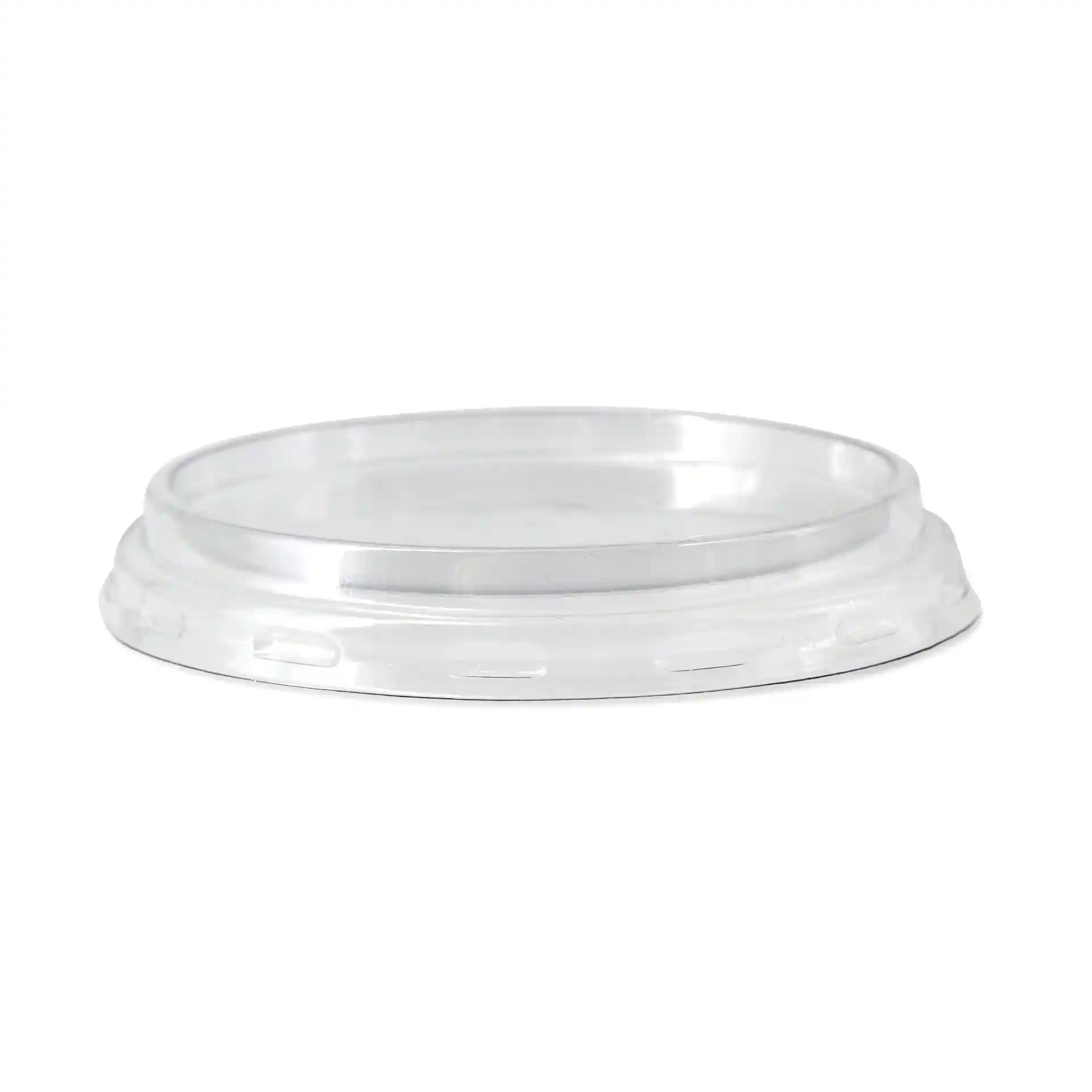 Couvercle rond en rPET transparent de 75 mm de diamètre et 11 mm de hauteur, vu de côté.