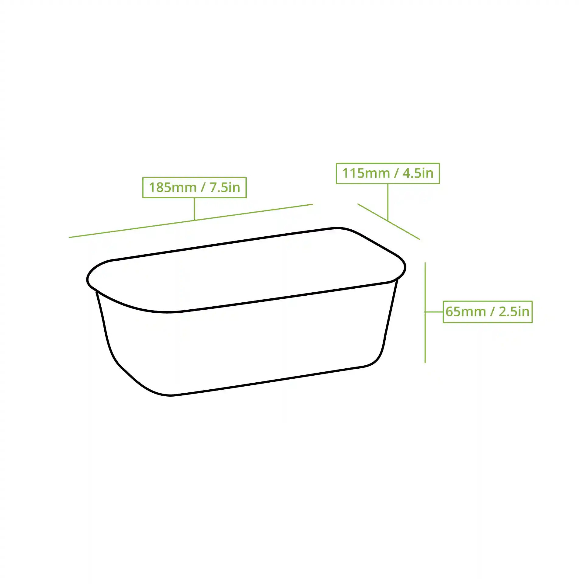 Dessin schématique d'un conteneur rectangulaire avec les dimensions étiquetées : 185mm de longueur, 115mm de largeur et 65mm de hauteur.