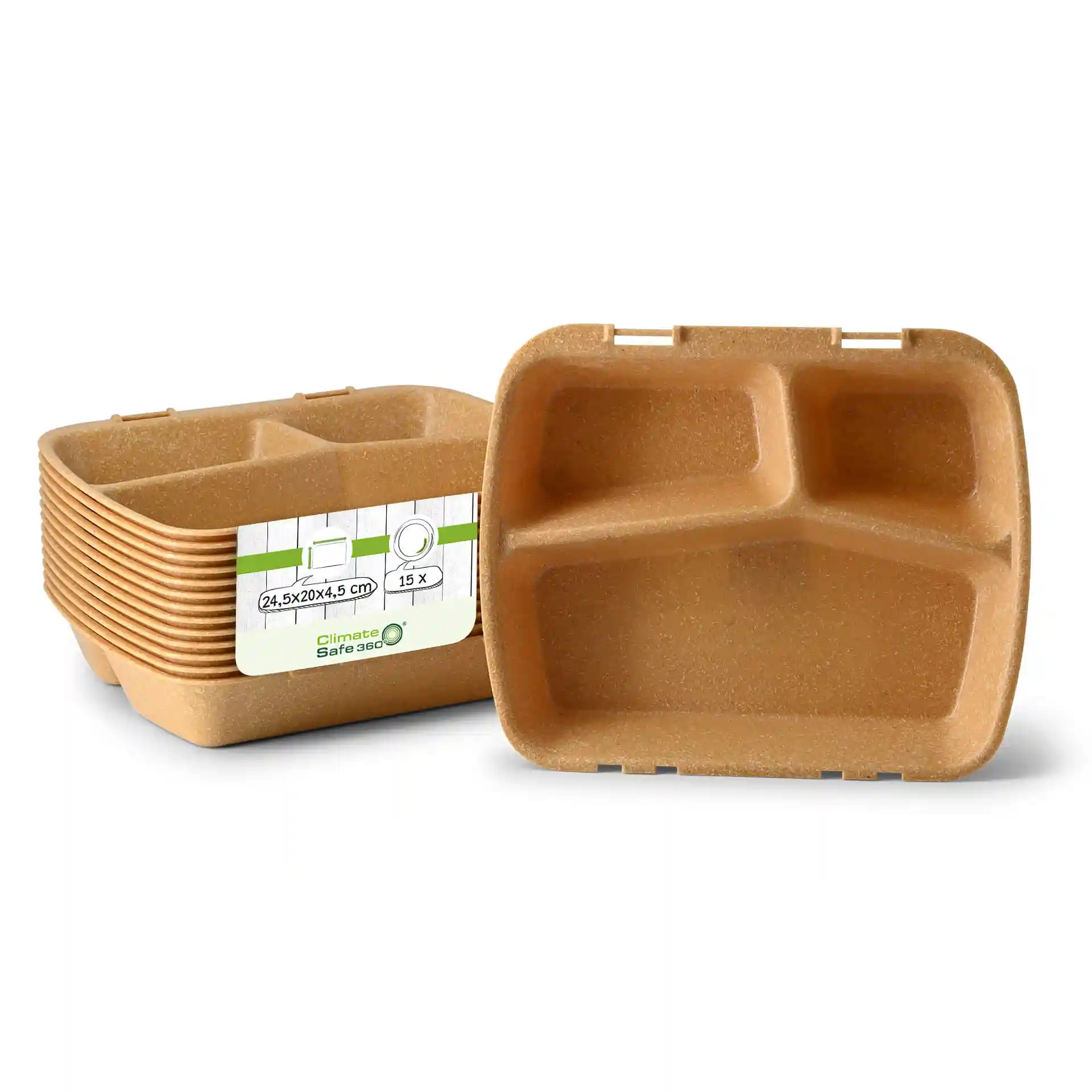 Conteneur de repas réutilisable marron avec trois compartiments, dimensions 24,5 x 20 x 4,5 cm, empilé avec une étiquette.