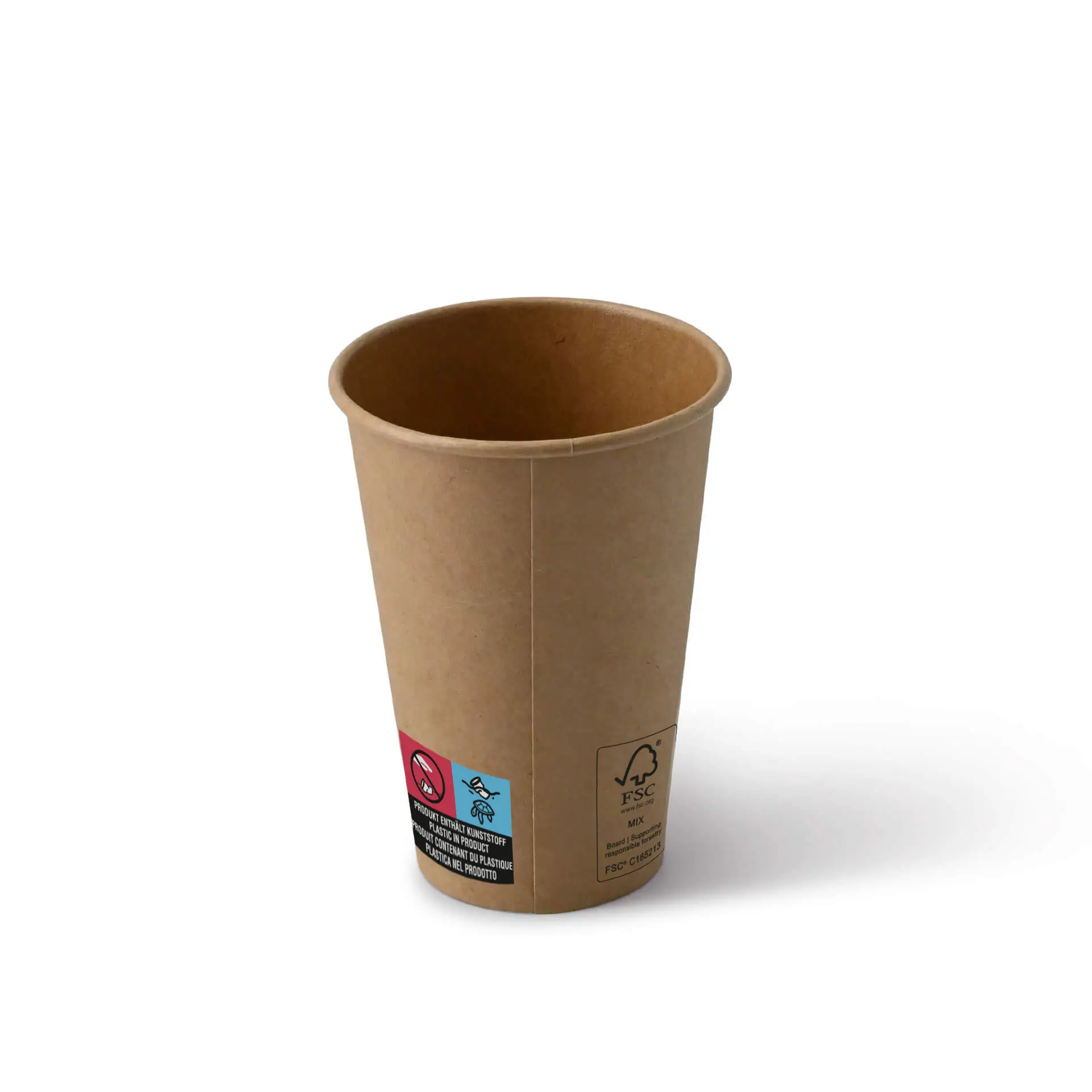 Gobelet en papier brun avec revêtement en PE pour distributeurs automatiques, taille 7,5 oz ; avec symboles de sécurité climatique et de recyclage.