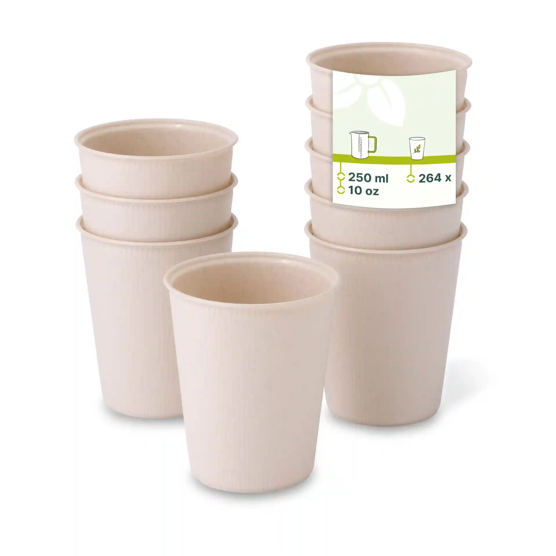 Gobelets réutilisables blancs crème empilés, avec une étiquette indiquant une capacité de 250 ml et des dimensions.