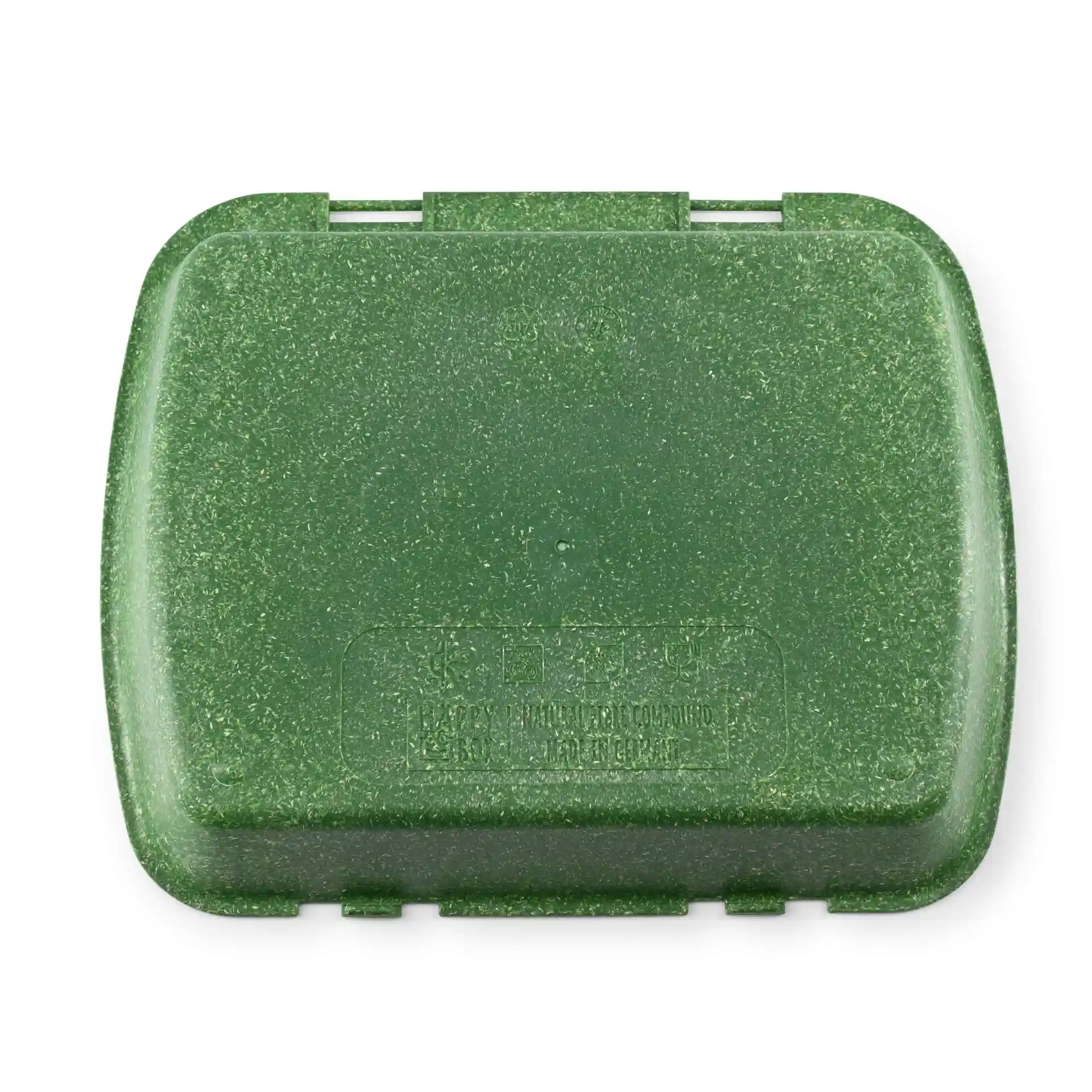 Conteneur de menu rectangulaire vert réutilisable avec une finition mouchetée, mesurant 24,5 x 20 x 4,5 cm.