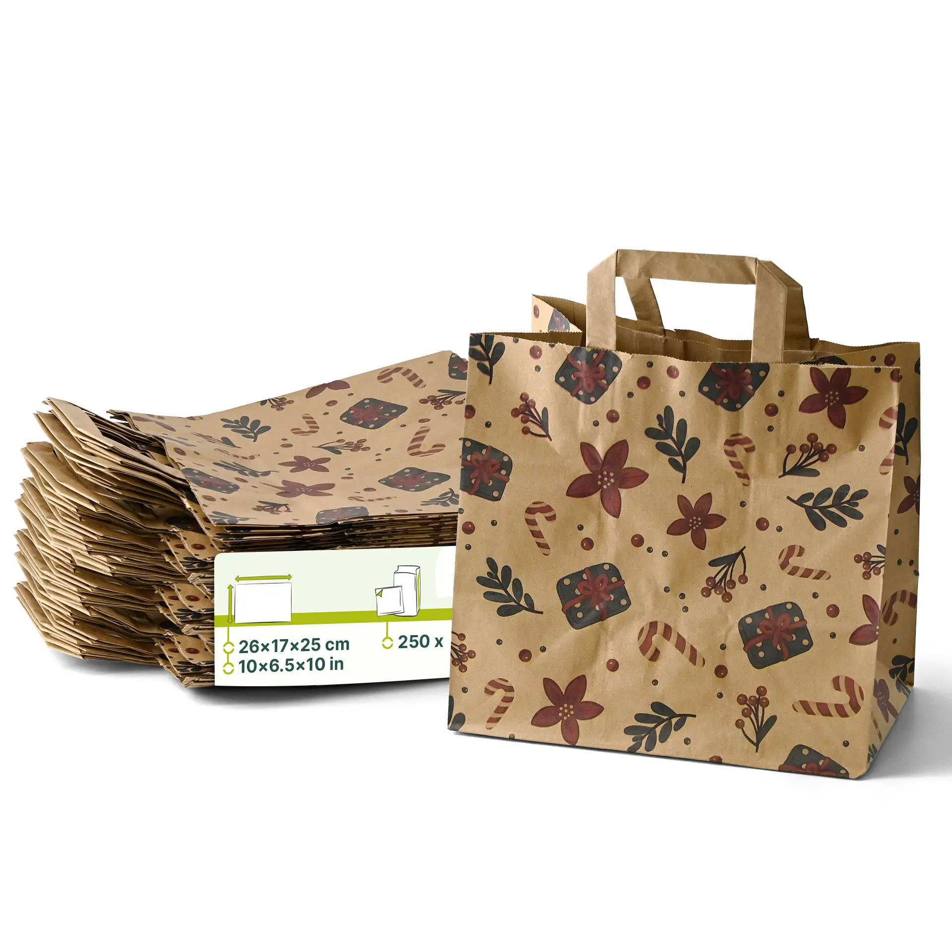 Sac en papier brun avec design d'hiver, dimensions 26x17x25 cm, présenté avec plusieurs sacs empilés derrière.