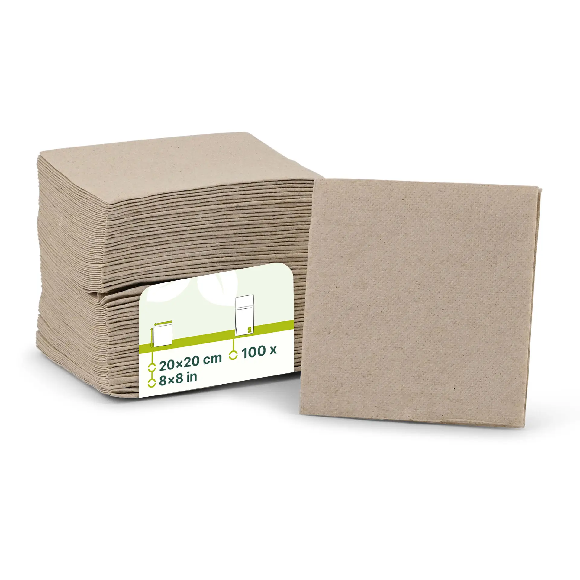 Empilement de serviettes à cocktail carrées non blanchies, 2 plis, 20 x 20 cm, avec une étiquette indiquant les détails du produit.