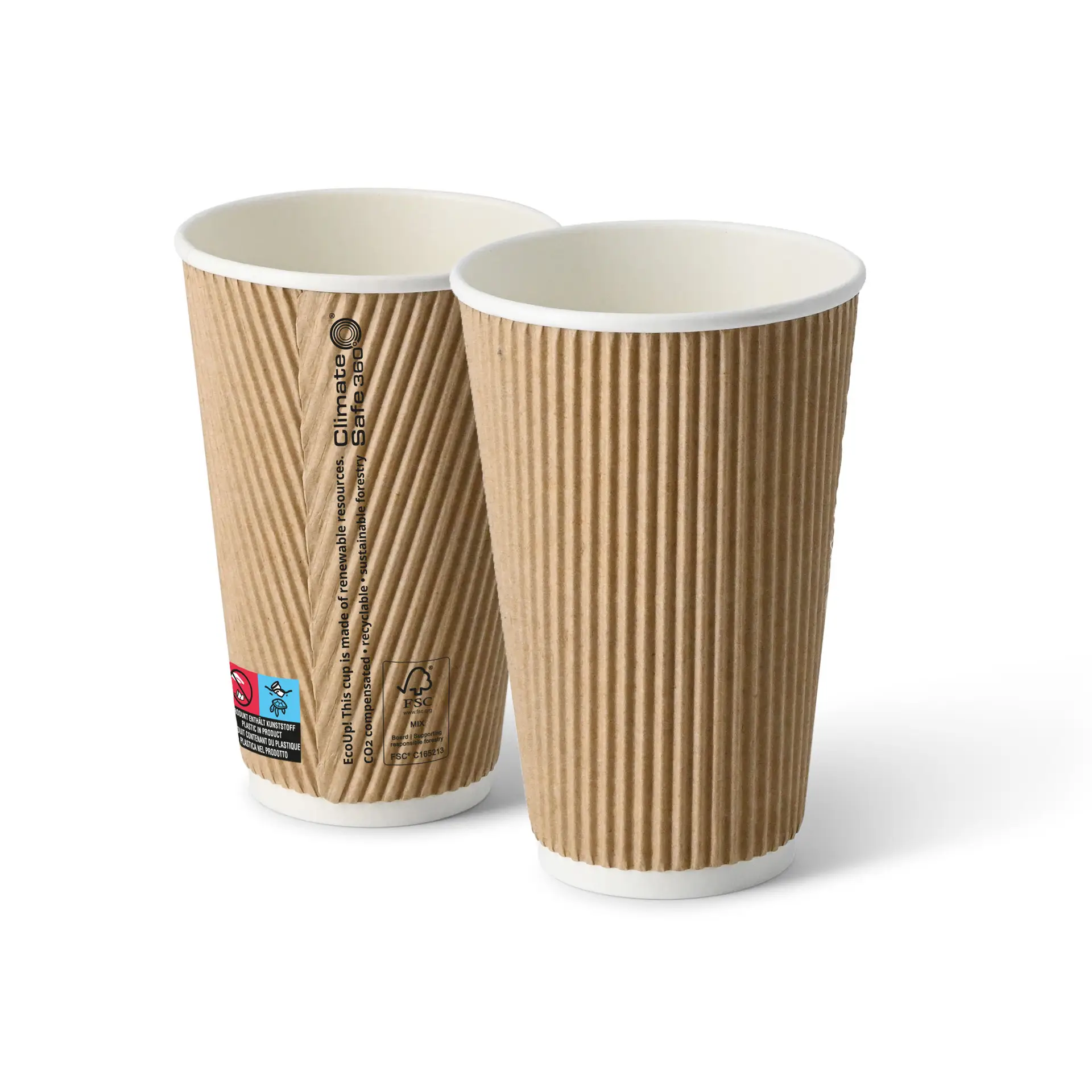 Gobelet en carton ondulé à emporter (revêtu de PE) 40 cl / 8 oz, Ø 90 mm, brun, intérieur blanc