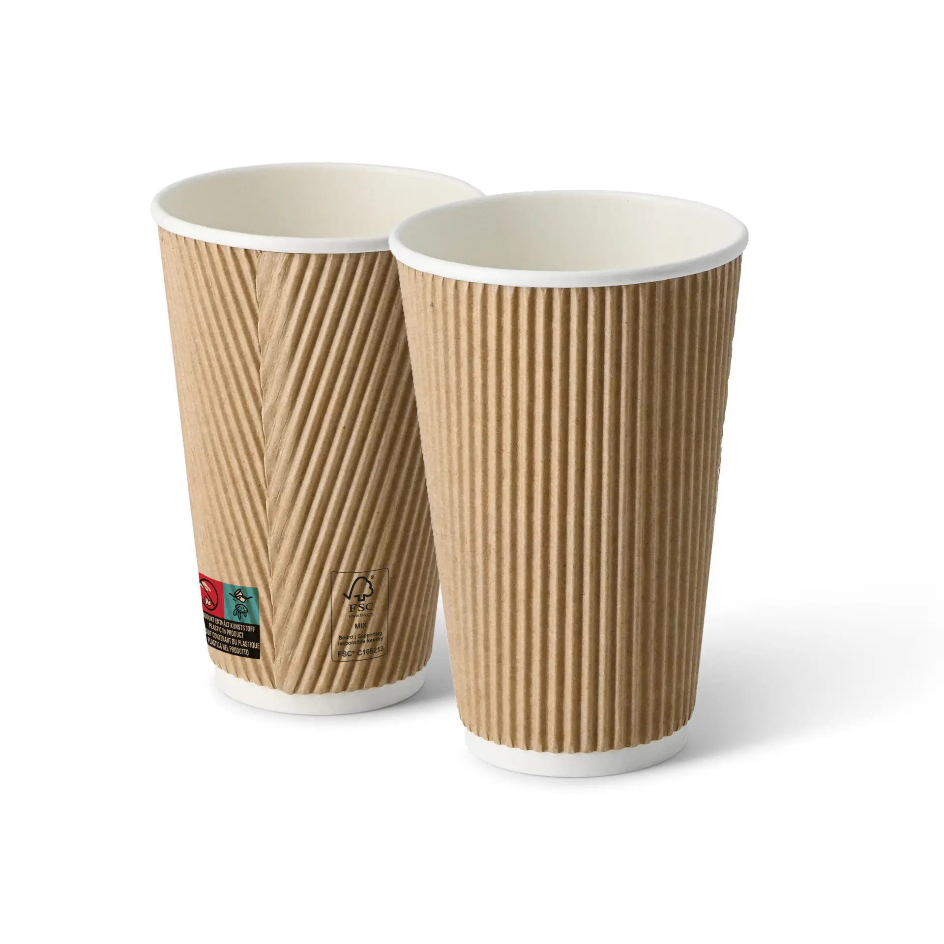 Deux tasses à café marron de 16 oz avec des intérieurs blancs, présentant des extérieurs texturés pour l'isolation.