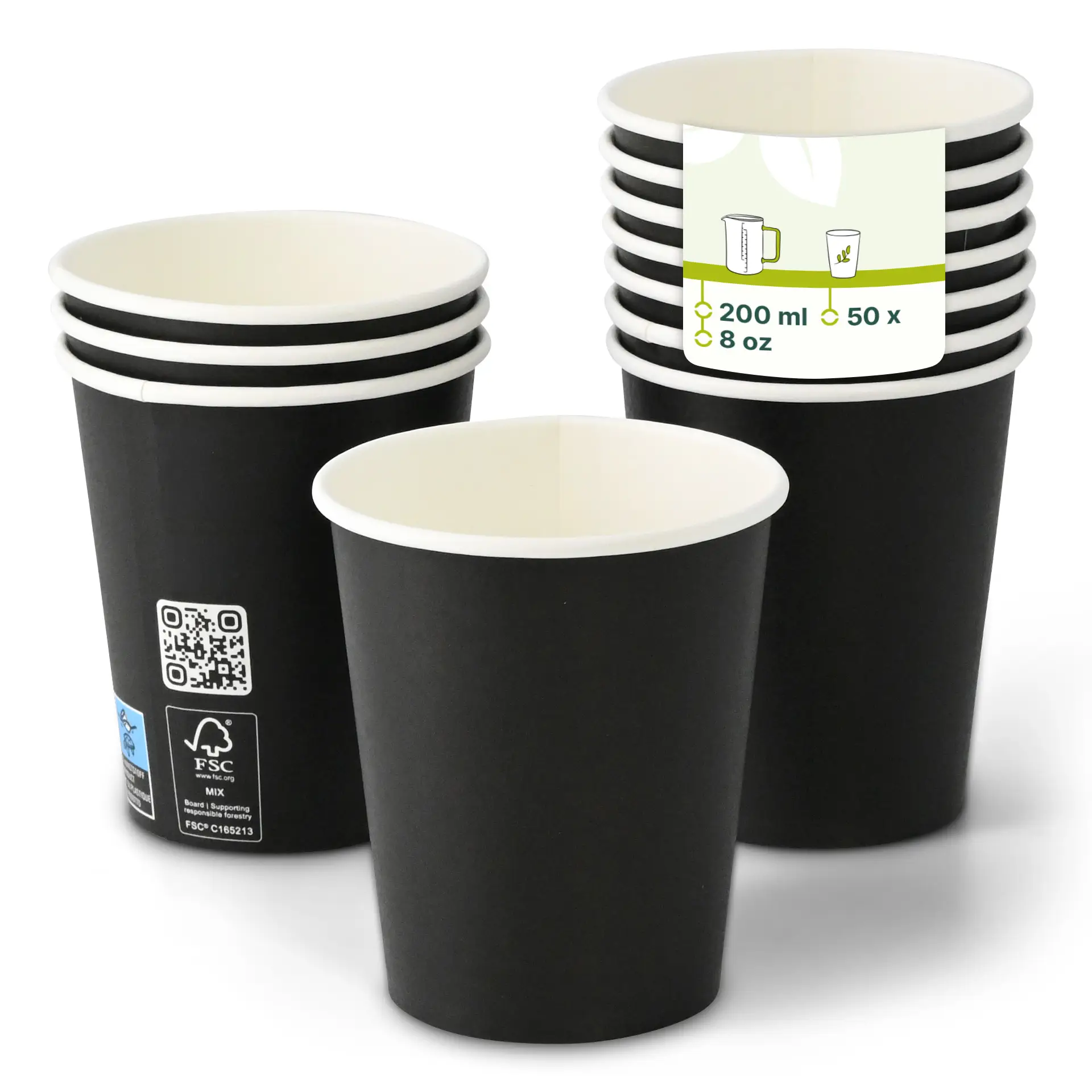 Un gobelet en papier noir avec un intérieur blanc, entouré de plusieurs gobelets empilés ; produit pour boissons chaudes et froides, capacité de 200 ml.
