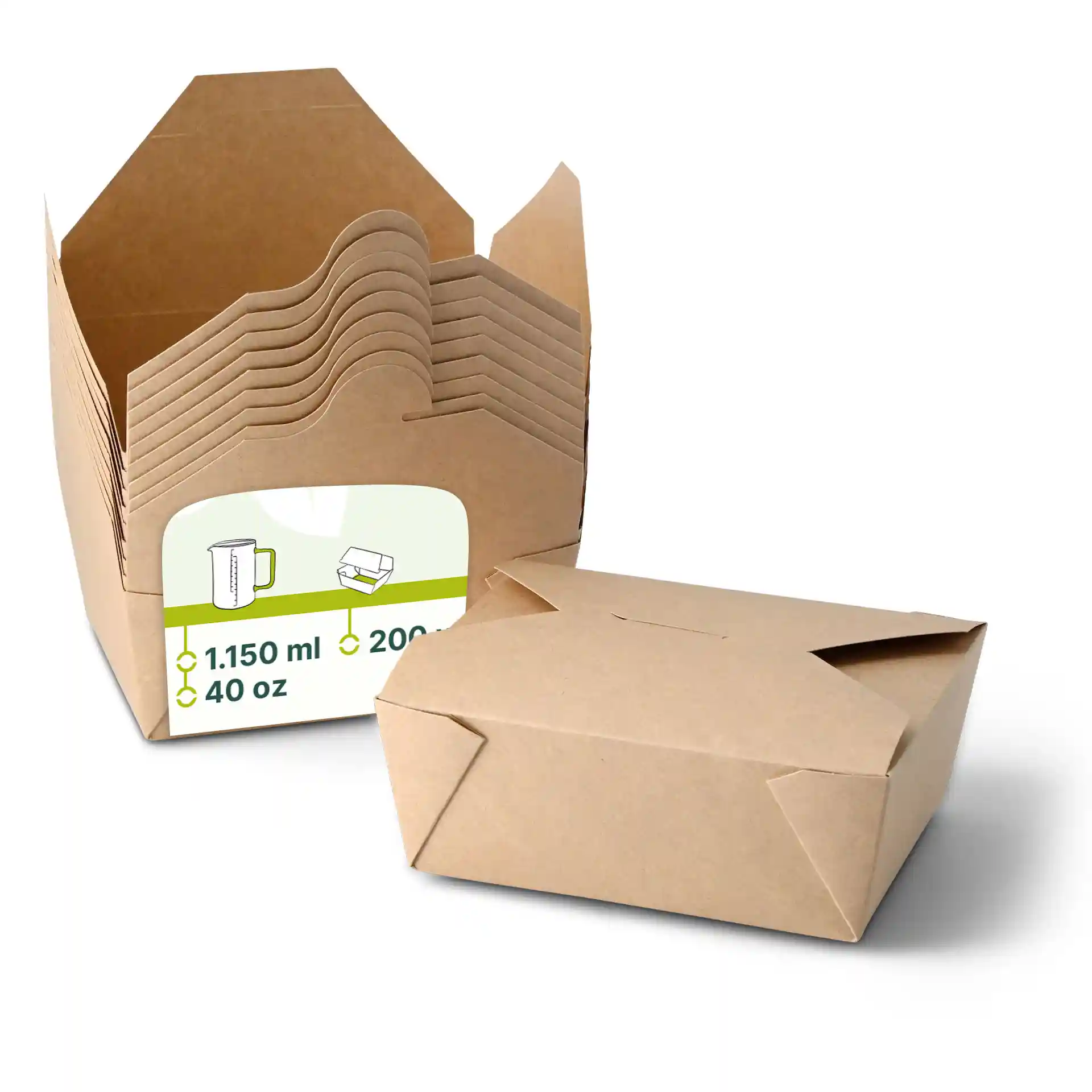 Des contenants à emporter marron empilés dans une boîte, avec un contenant placé devant, montrant son design plié.