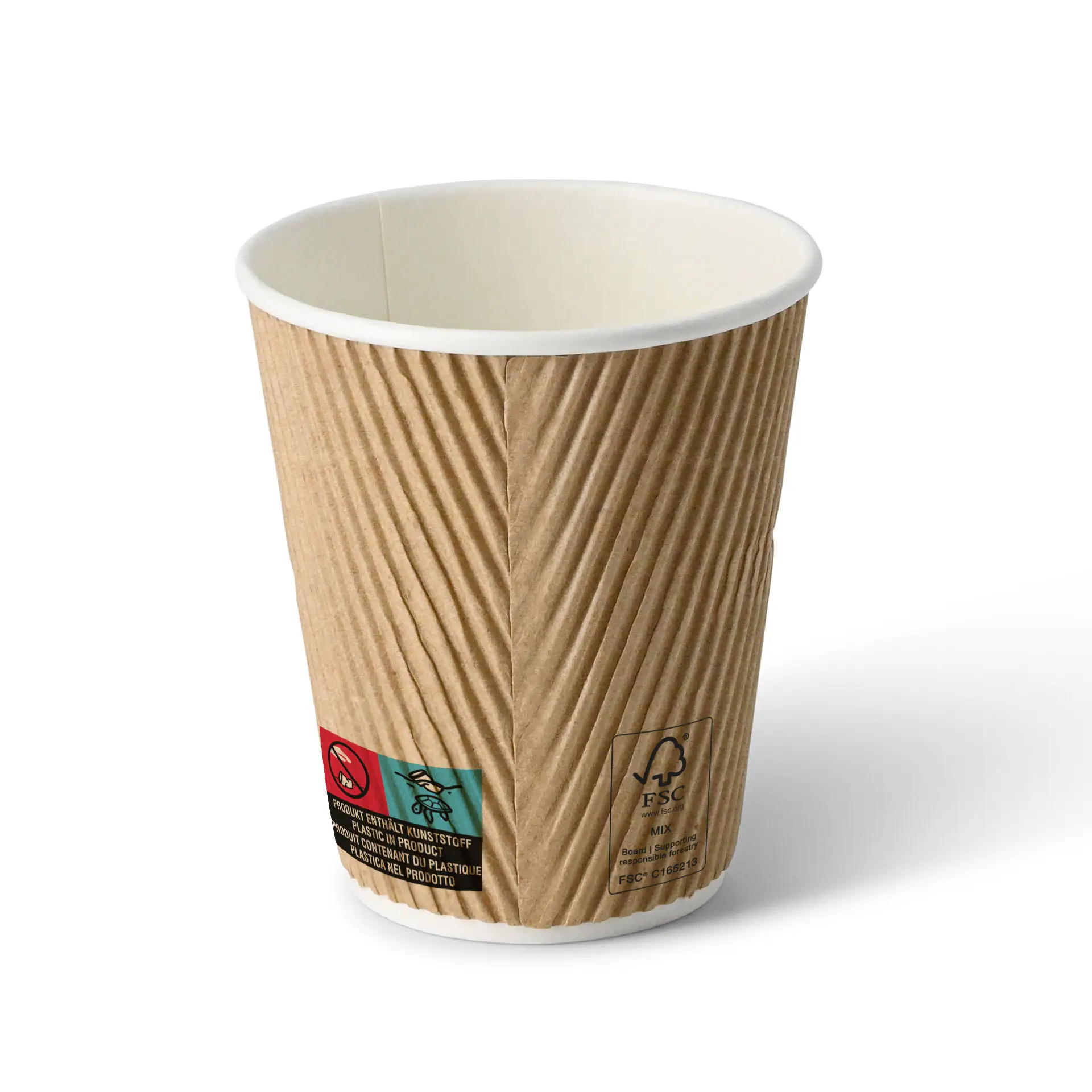Tasse à café ondulée marron avec un intérieur blanc, forme ronde et hauteur de 95 mm.